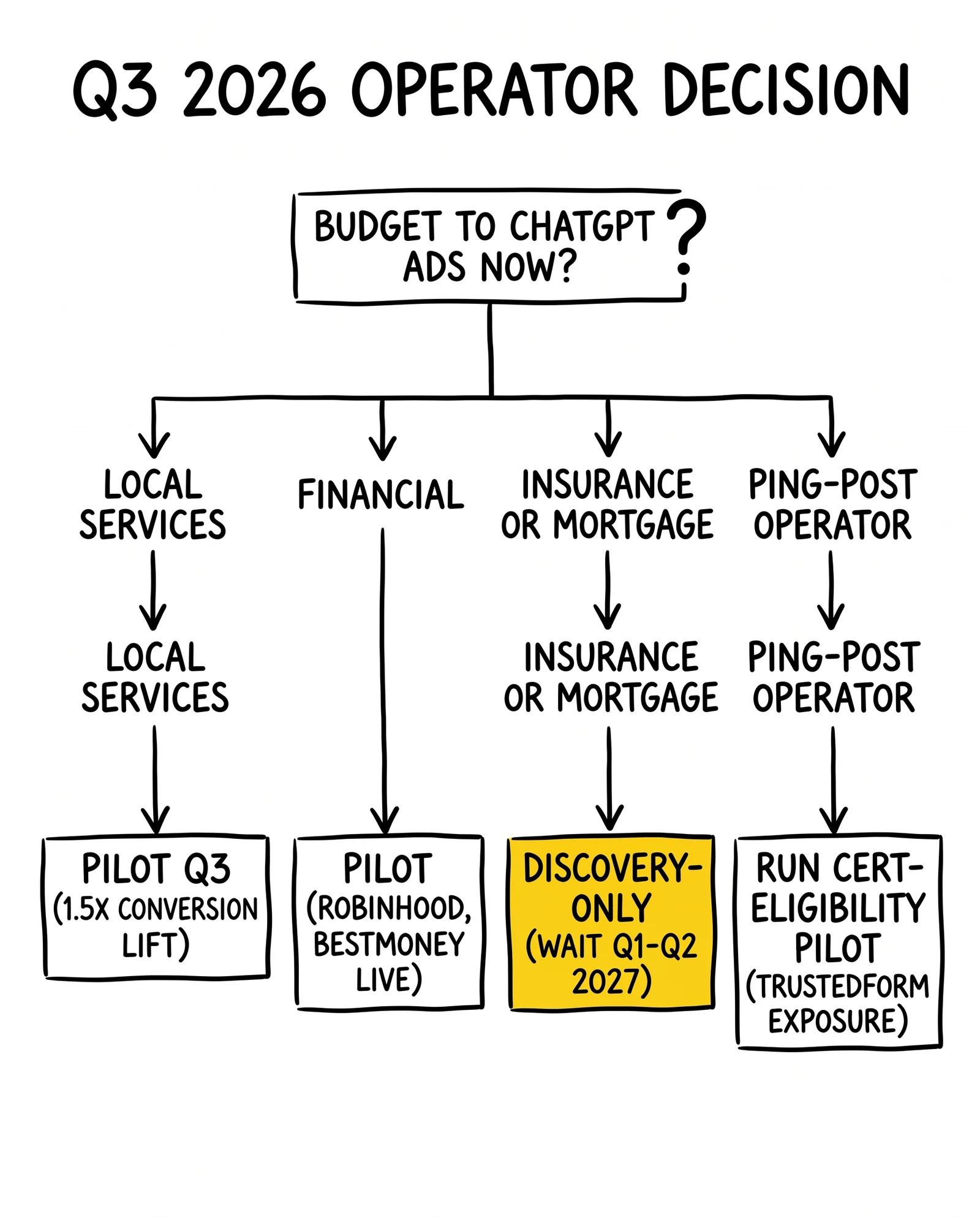 Q3 2026 ChatGPT Ads decision tree by vertical: local services pilot, financial pilot, insurance and mortgage discovery-only, ping-post run cert pilot.