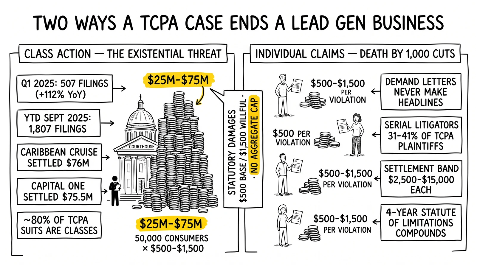Two-panel comparison: class action with $25-75M aggregated exposure versus pattern of individual claims at $500-1,500 each – with the no-cap class structure highlighted.