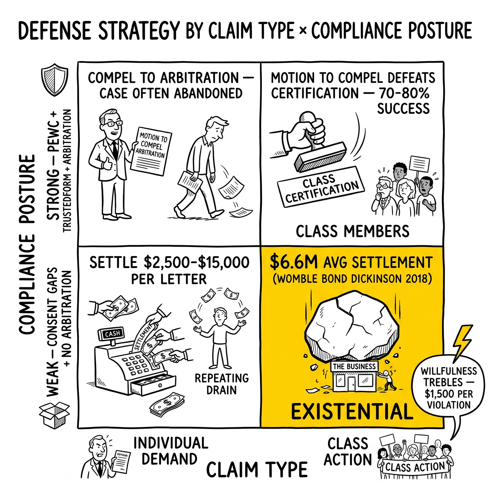 Two-by-two matrix mapping defense outcomes by claim type and compliance posture, with the weak-compliance class-action existential quadrant highlighted.
