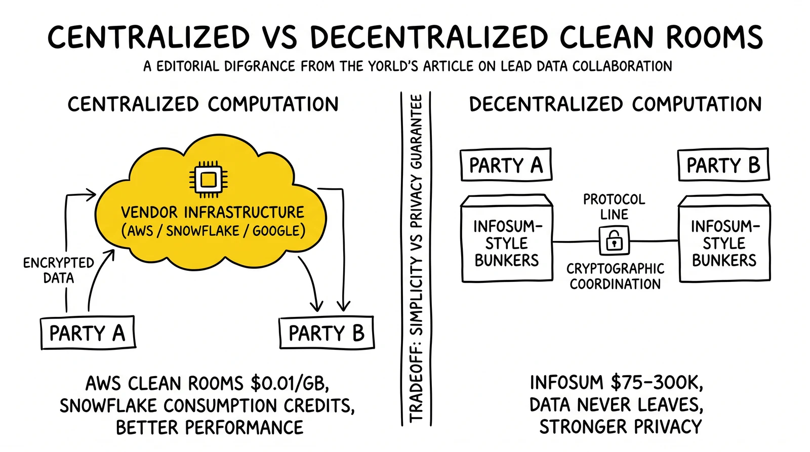 Two-panel comparison of centralized versus decentralized clean room architectures with the centralized vendor infrastructure highlighted as the default