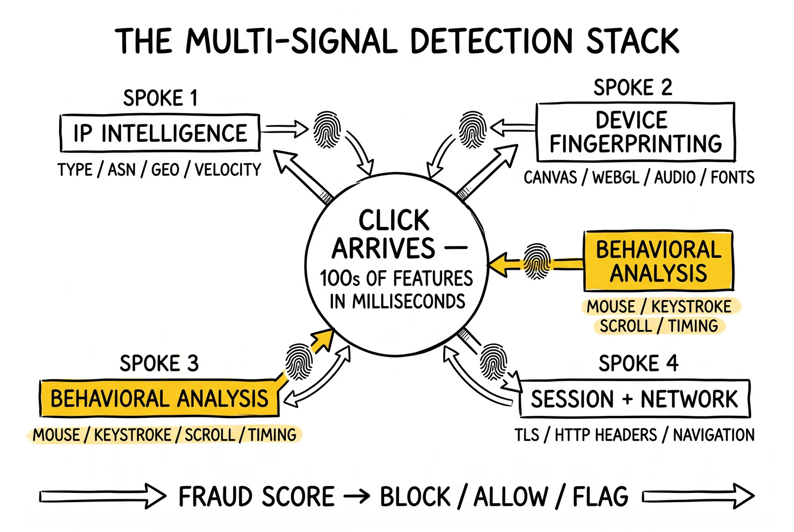 Hub-and-spoke fraud detection stack with four signal classes around a real-time decision hub, with the behavioral analysis spoke highlighted