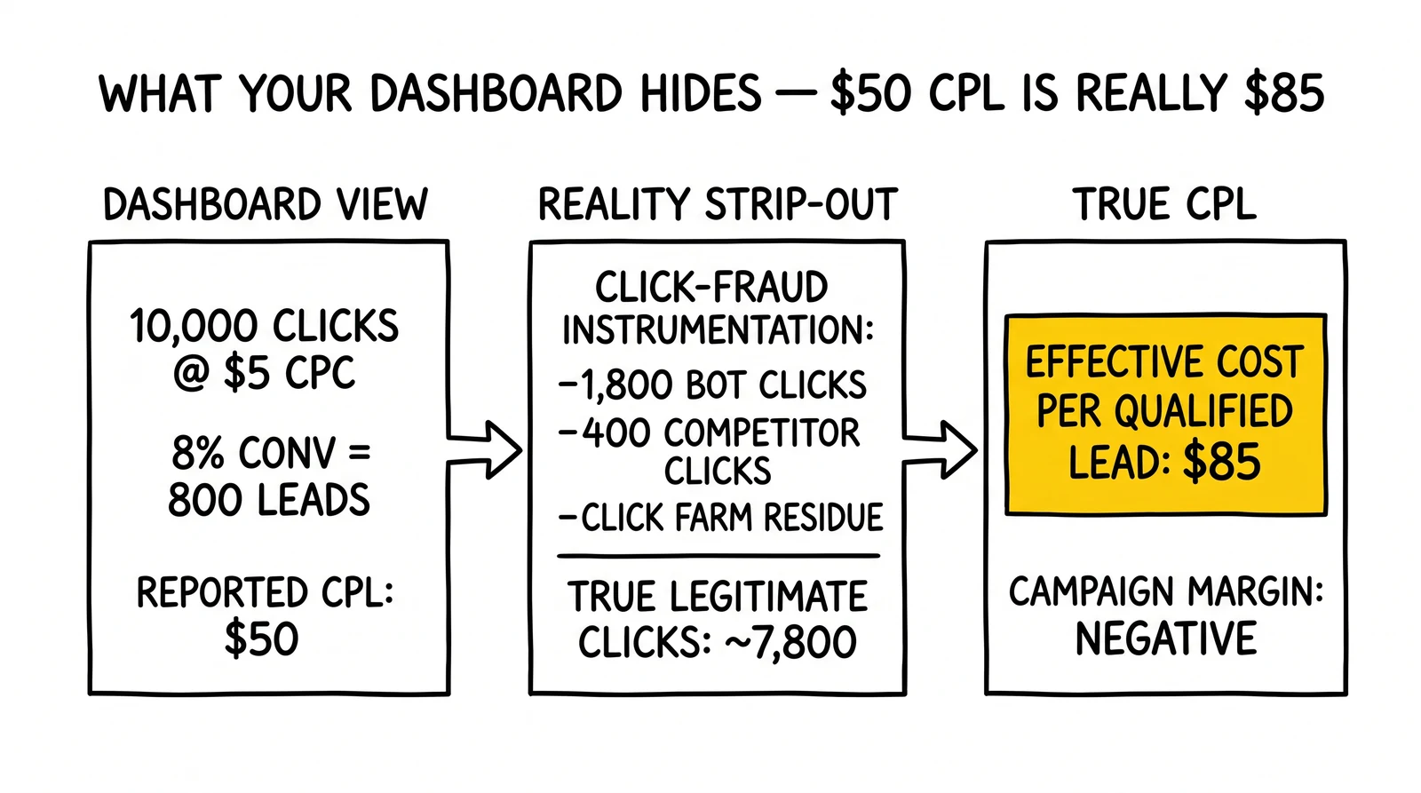 Three-column flow from dashboard $50 CPL through fraud strip-out to true $85 effective cost per qualified lead. True cost highlighted as the hidden reality.