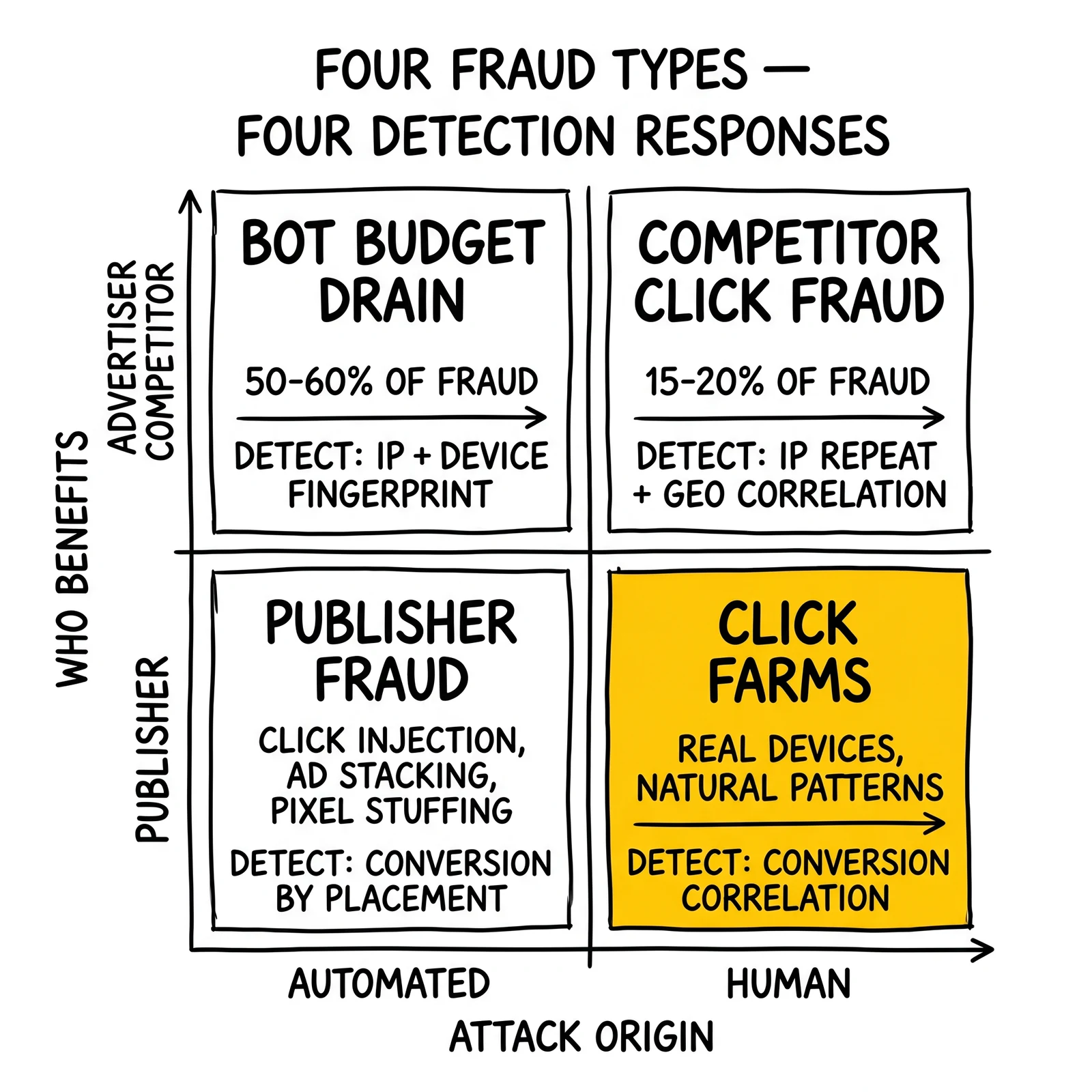 Four-quadrant fraud taxonomy by attack origin and beneficiary: bots, competitors, publisher fraud, click farms. Click farms quadrant highlighted as the hardest detection layer.