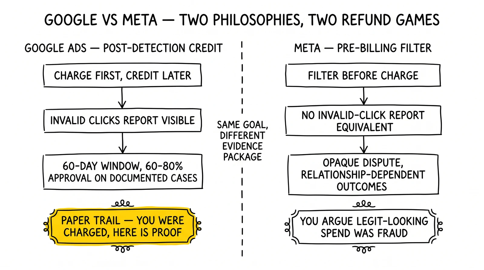 Two-platform fraud philosophy comparison: Google post-billing credit with paper trail vs Meta pre-billing filter with opaque disputes. Google paper trail highlighted as winnable.