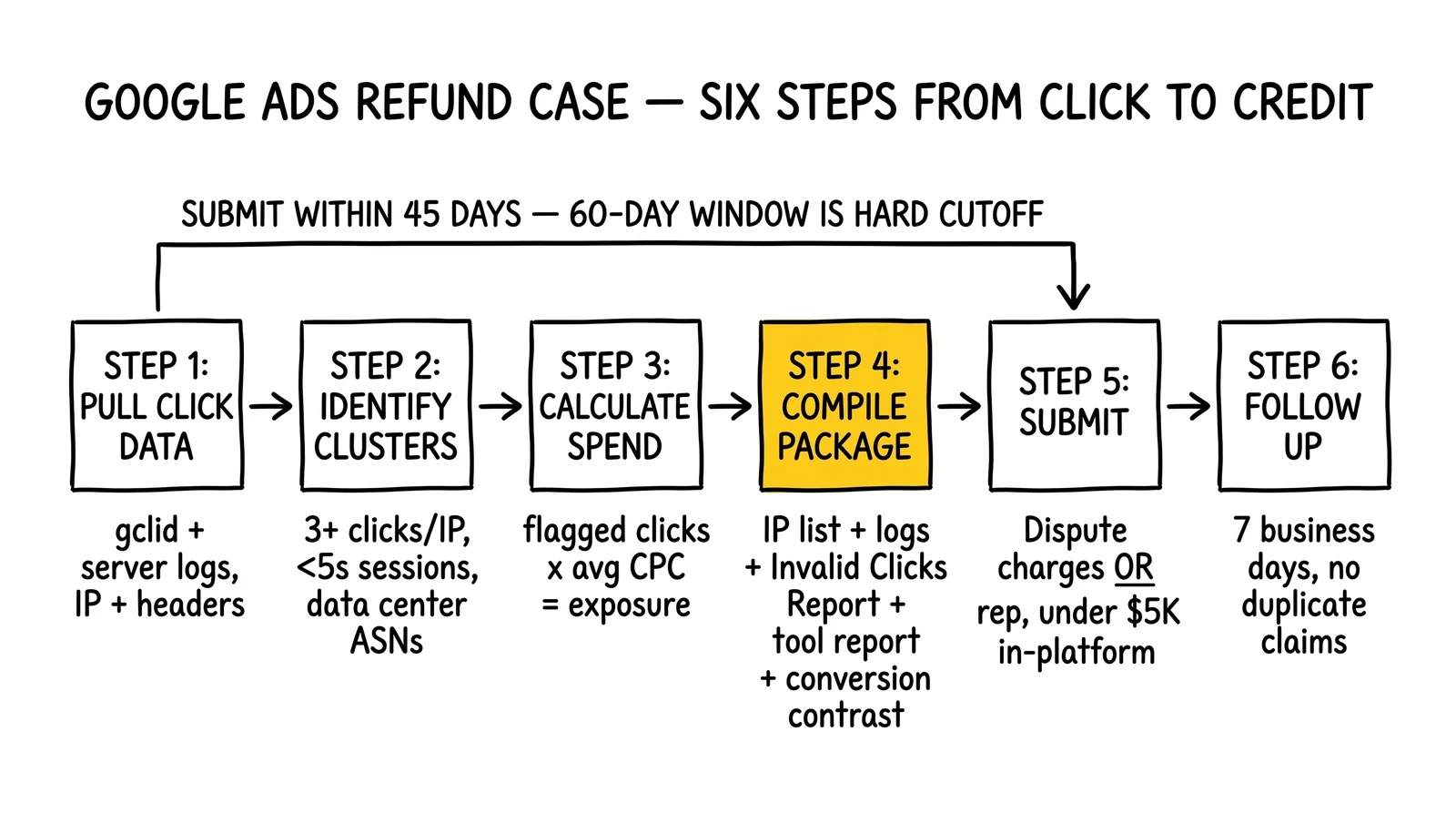 Six-step Google Ads refund pipeline: pull data, identify clusters, calculate spend, compile package, submit, follow up. Compile-package step highlighted as the win/lose gate.