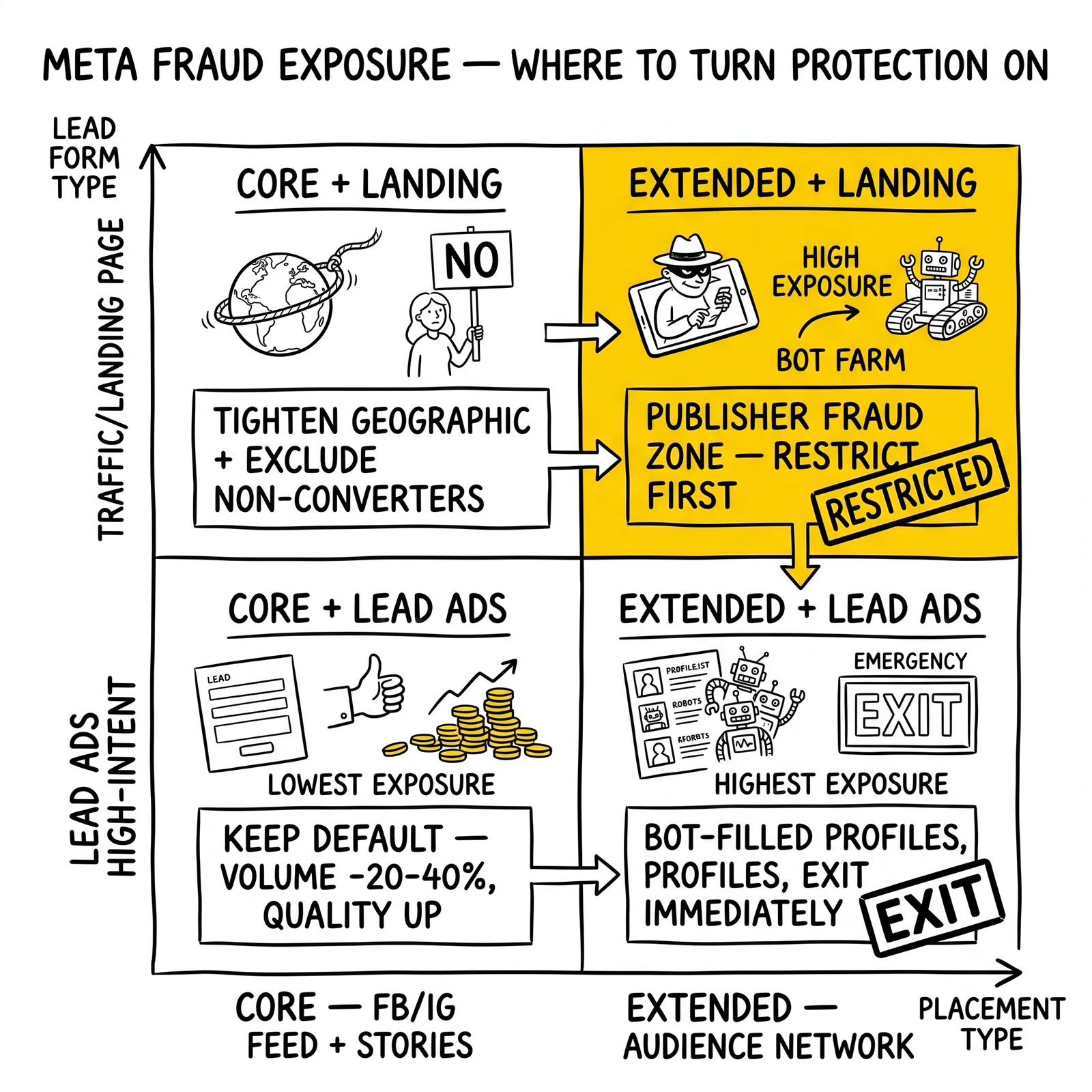 Four-quadrant Meta exposure matrix by placement and lead form. Audience Network + landing-page quadrant highlighted as the restrict-first publisher fraud zone.