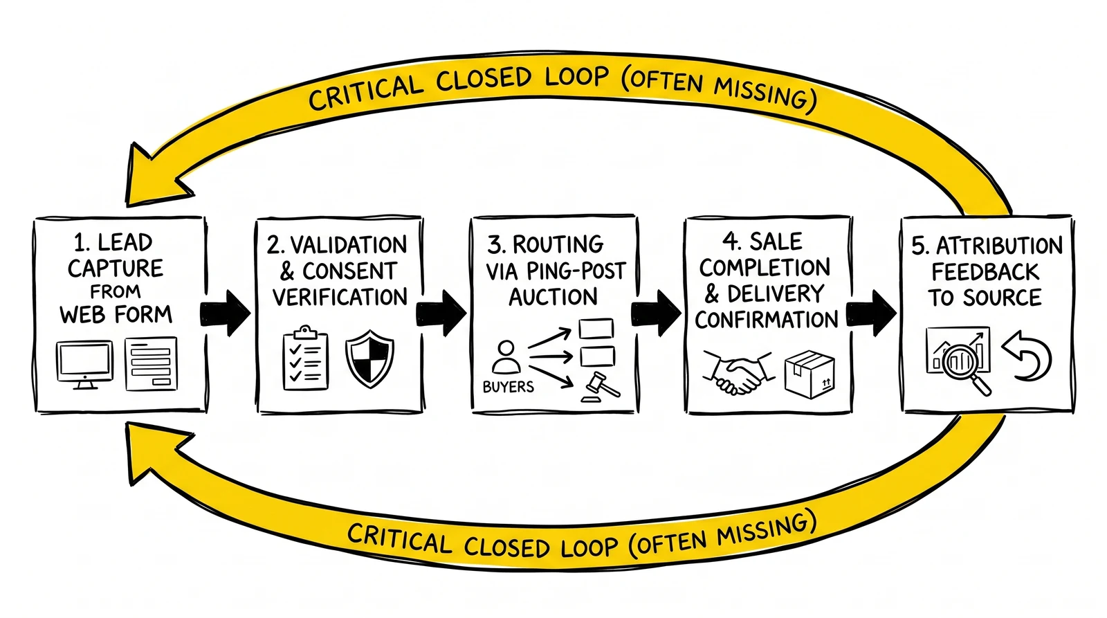 Five-stage closed-loop lead-to-revenue cycle with attribution feedback to source.