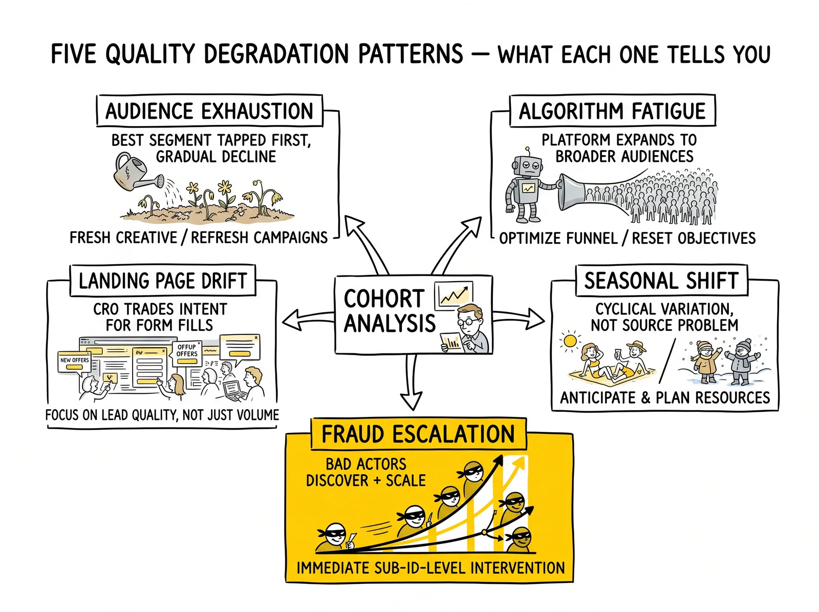 Five-pattern hub-and-spoke from cohort analysis: audience exhaustion, algorithm fatigue, seasonal shift, fraud escalation, landing page drift. Fraud escalation highlighted.