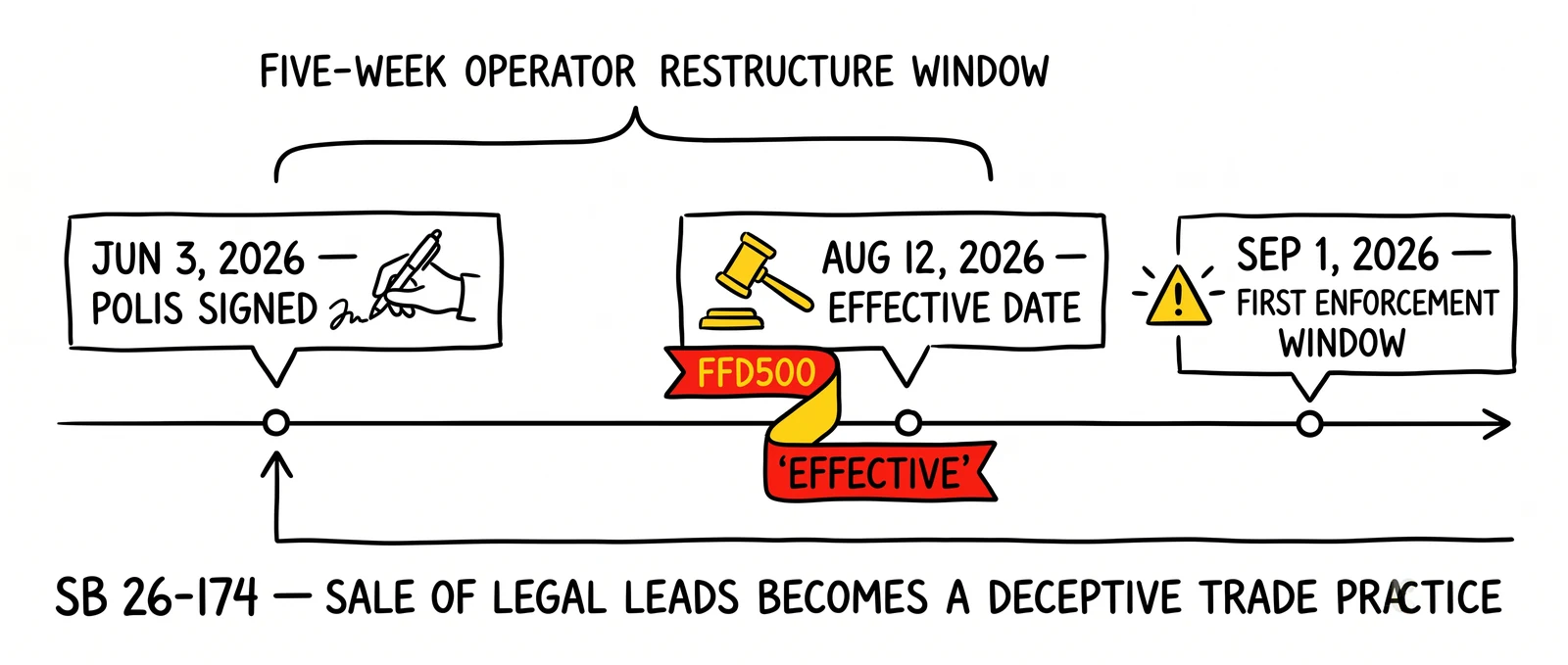 Colorado SB 26-174 enforcement timeline: signed June 3, effective August 12, first enforcement September 1, with five-week operator-restructure window highlighted.