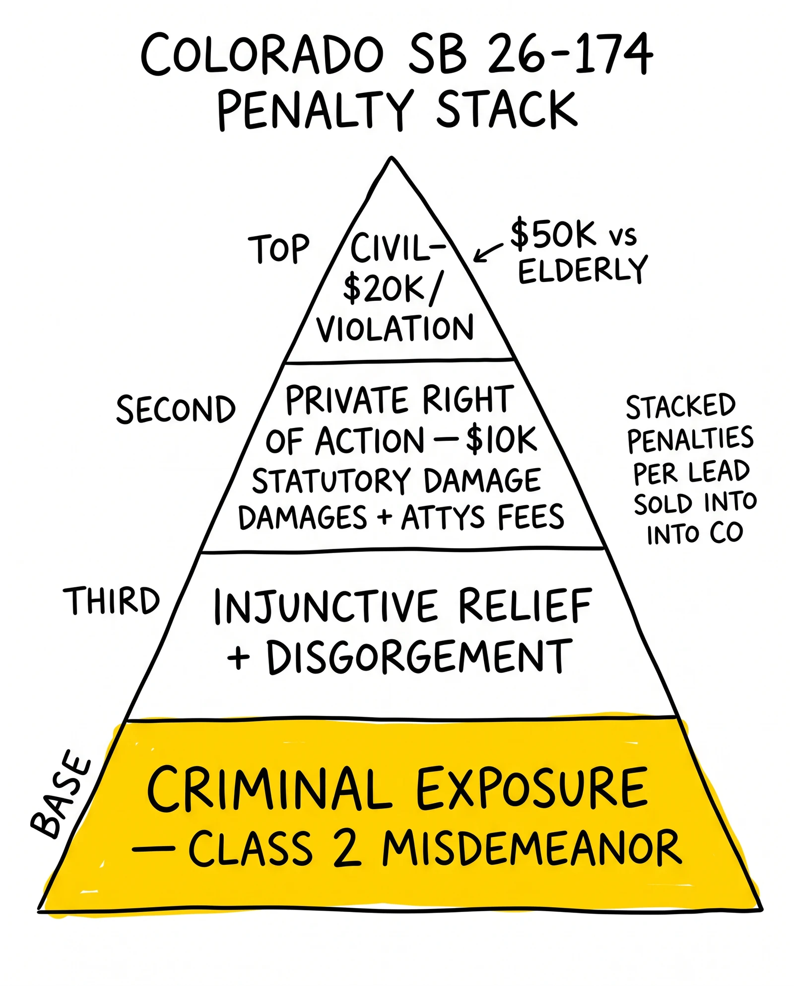 Four-layer Colorado SB 26-174 penalty stack pyramid: civil $20K, private right of action $10K, injunctive relief, criminal exposure at the base.