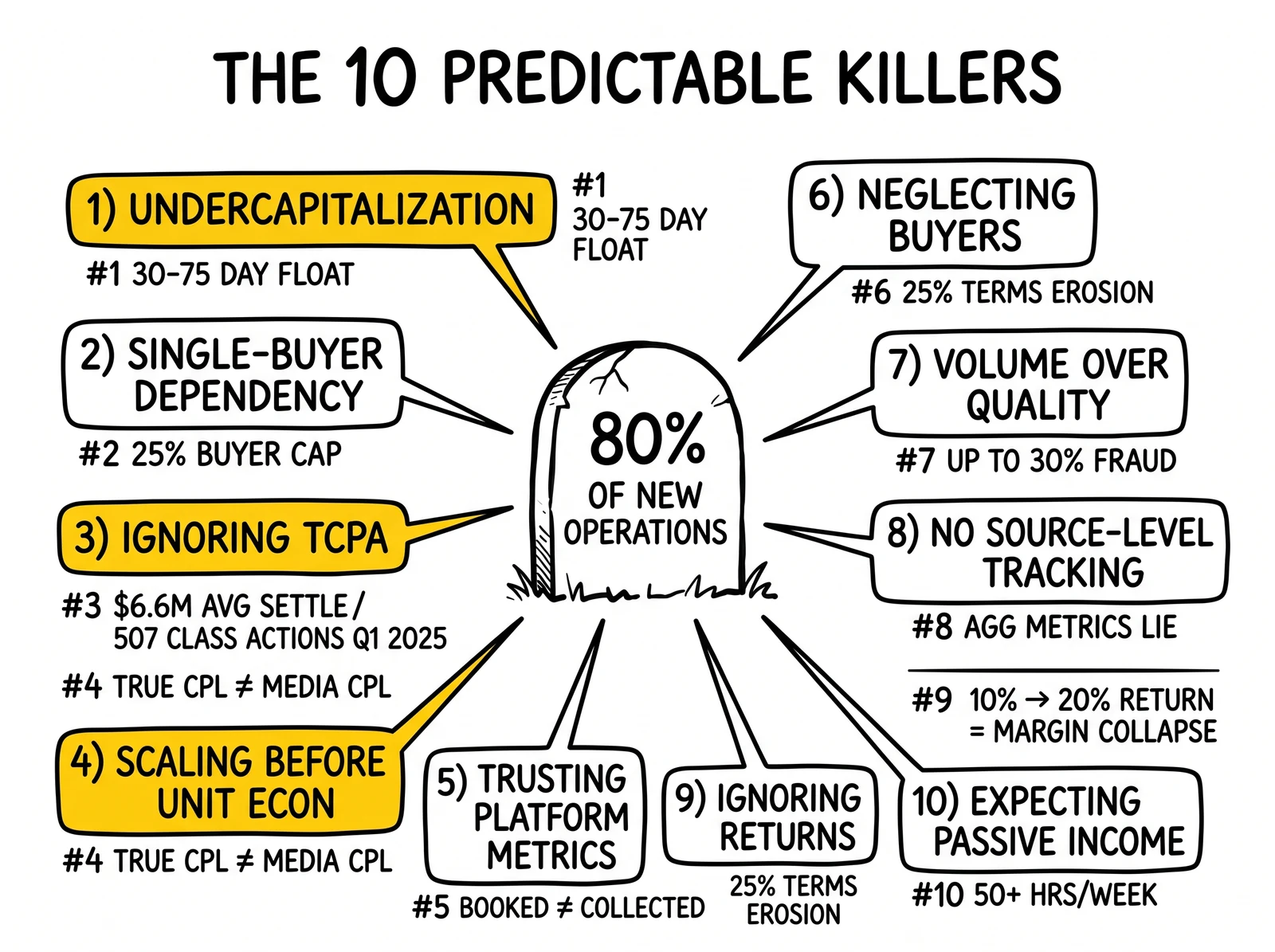 Anatomy of ten lead-gen failure modes around a tombstone, with undercapitalization, TCPA neglect, and premature scaling highlighted as the existential killers.