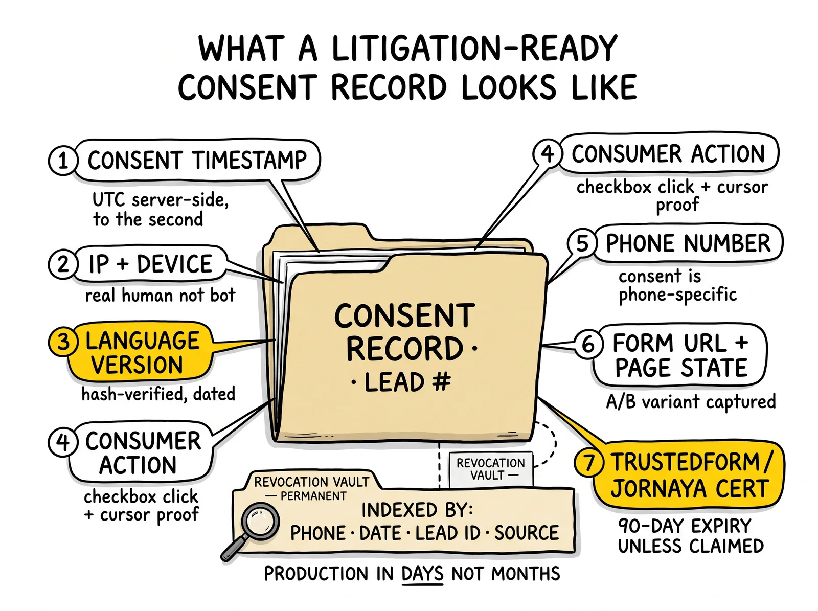 Anatomy of a defensible consent record: timestamp, IP, language version, action, phone, URL, third-party cert – with language version and 90-day cert expiry highlighted.