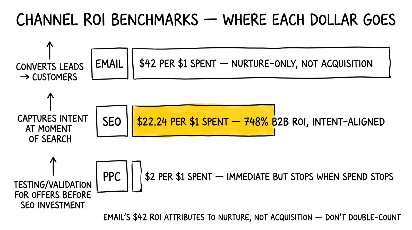 Three-row channel ROI bar comparison of email, SEO, and PPC, with SEO flagged as the highest-ROI acquisition channel.