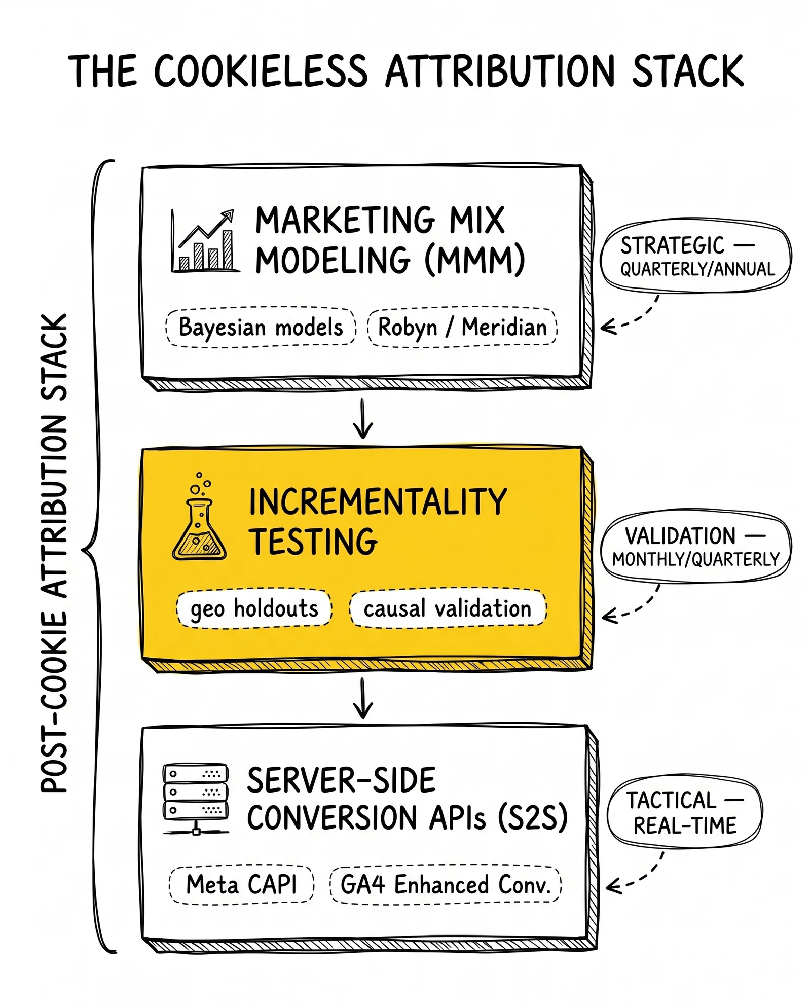 Three-layer post-cookie attribution stack: strategic marketing-mix modeling, validation incrementality testing, tactical server-side conversion APIs.