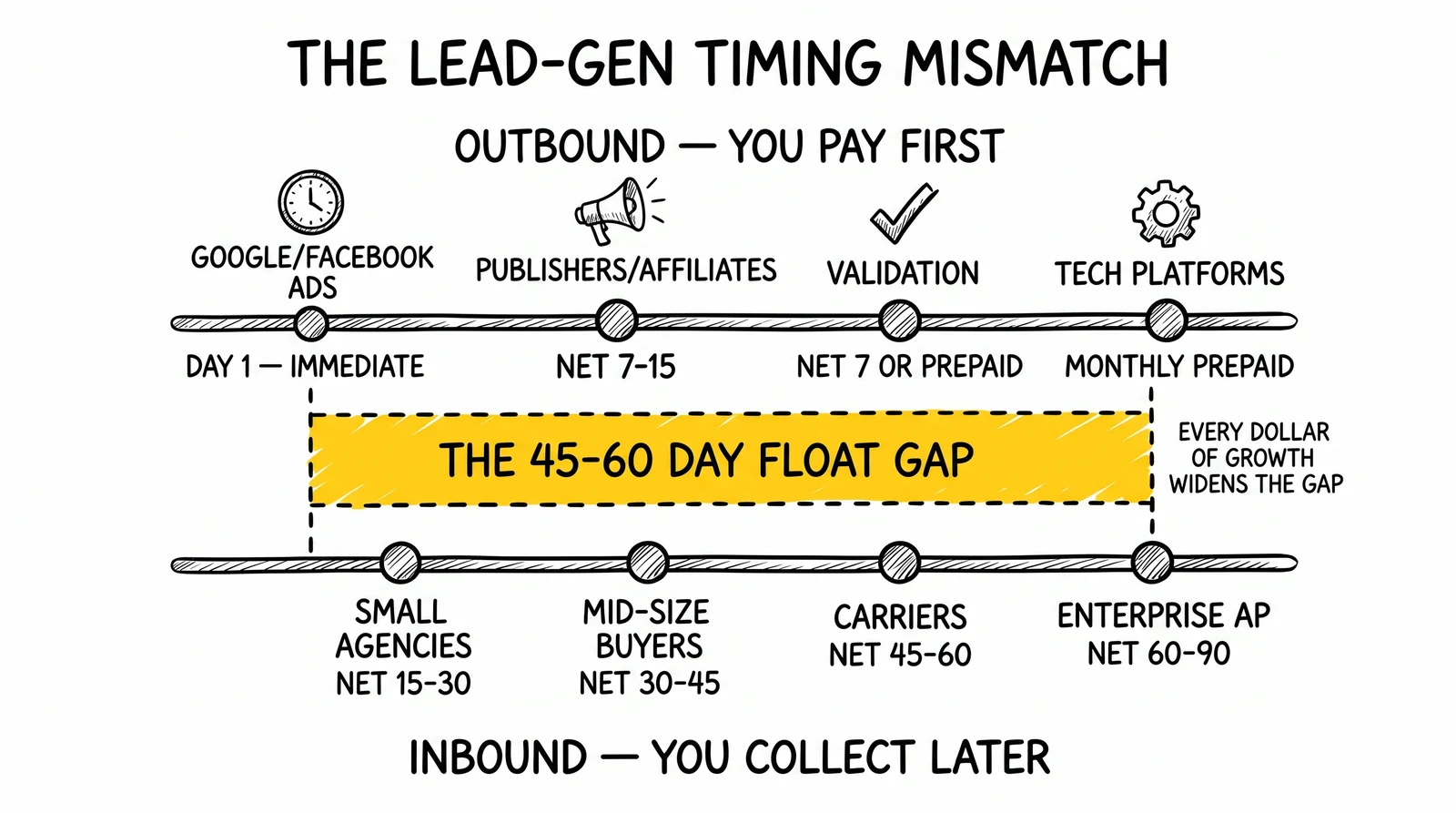Two-rail timing mismatch: immediate outbound media and publisher payments versus 30-90 day buyer collections, with the 45-60 day float gap highlighted.