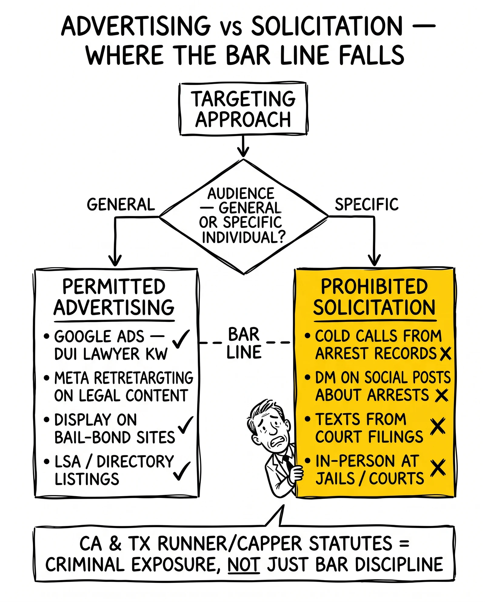 Decision tree splitting criminal defense outreach into permitted advertising versus prohibited solicitation based on general versus individual targeting