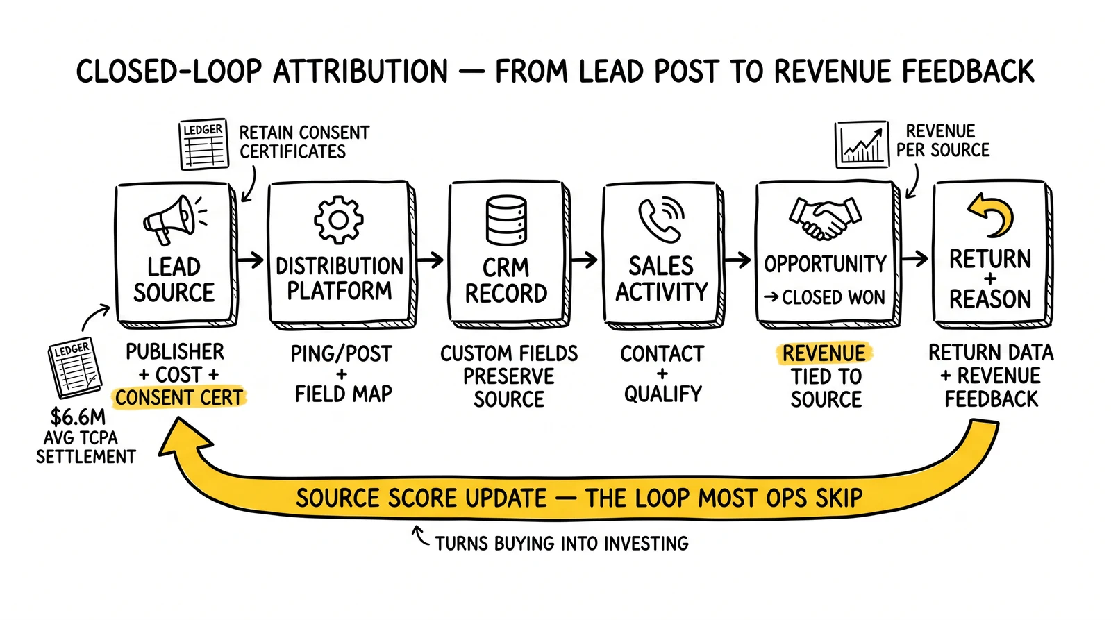 Six-stage closed-loop attribution flow from lead source to revenue, with feedback arrow updating source scores highlighted.