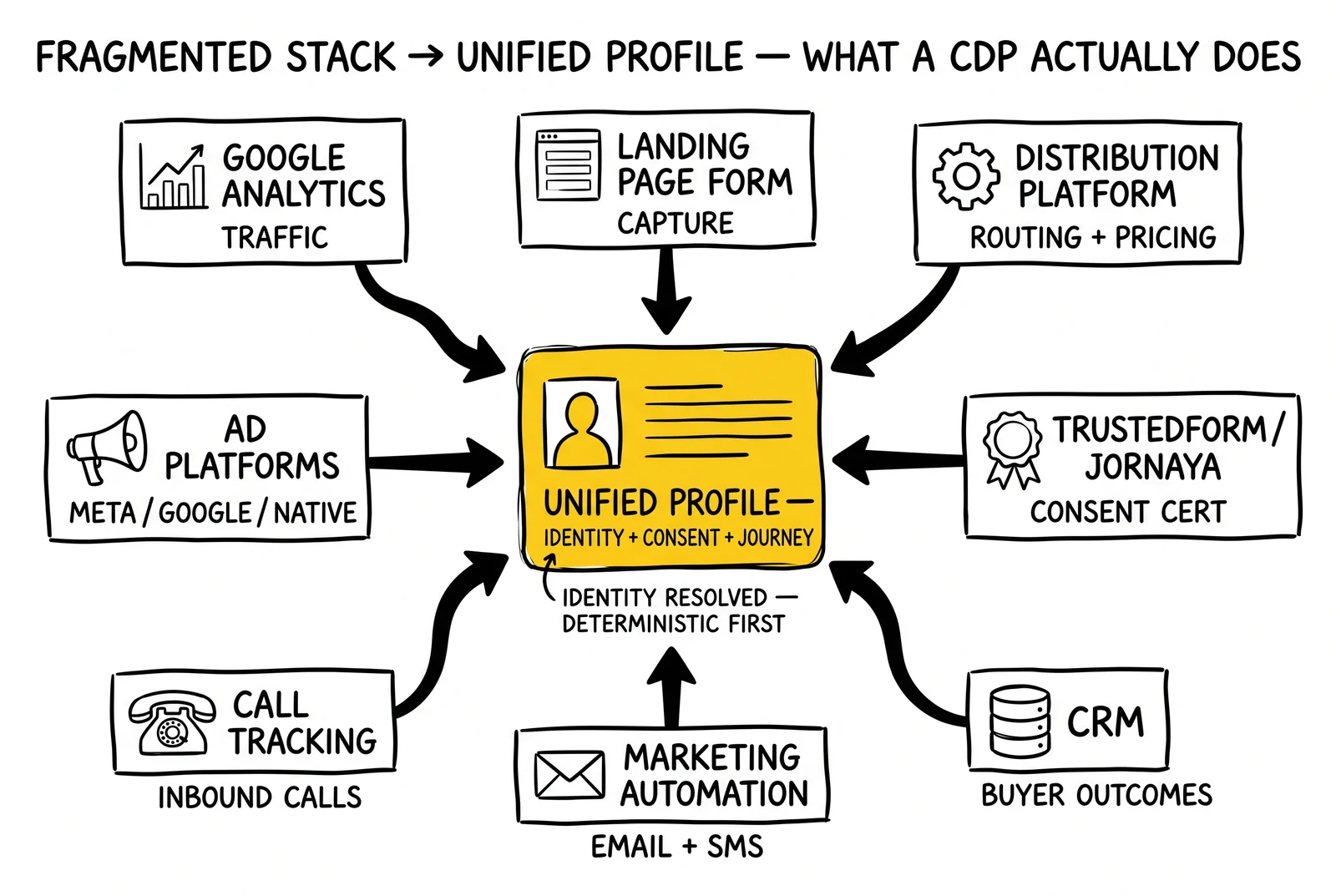 Hub-and-spoke diagram showing eight fragmented lead-gen data sources collapsing into a single unified CDP profile at the center.