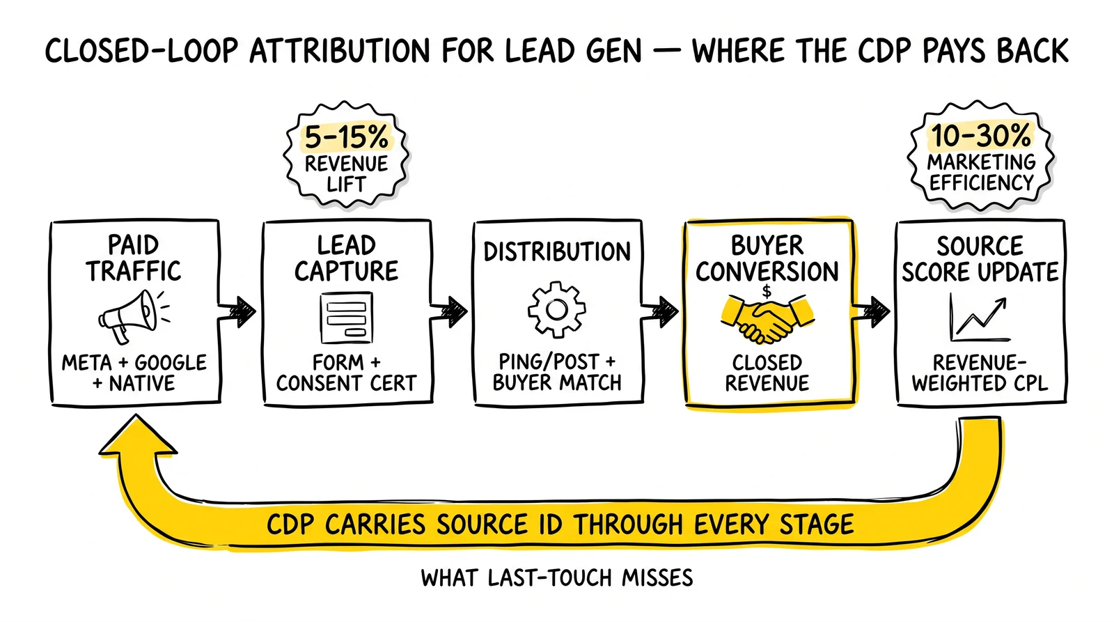 Five-stage lead-gen closed-loop attribution: traffic, capture, distribution, conversion, source-score update. Source-ID feedback arrow highlighted.