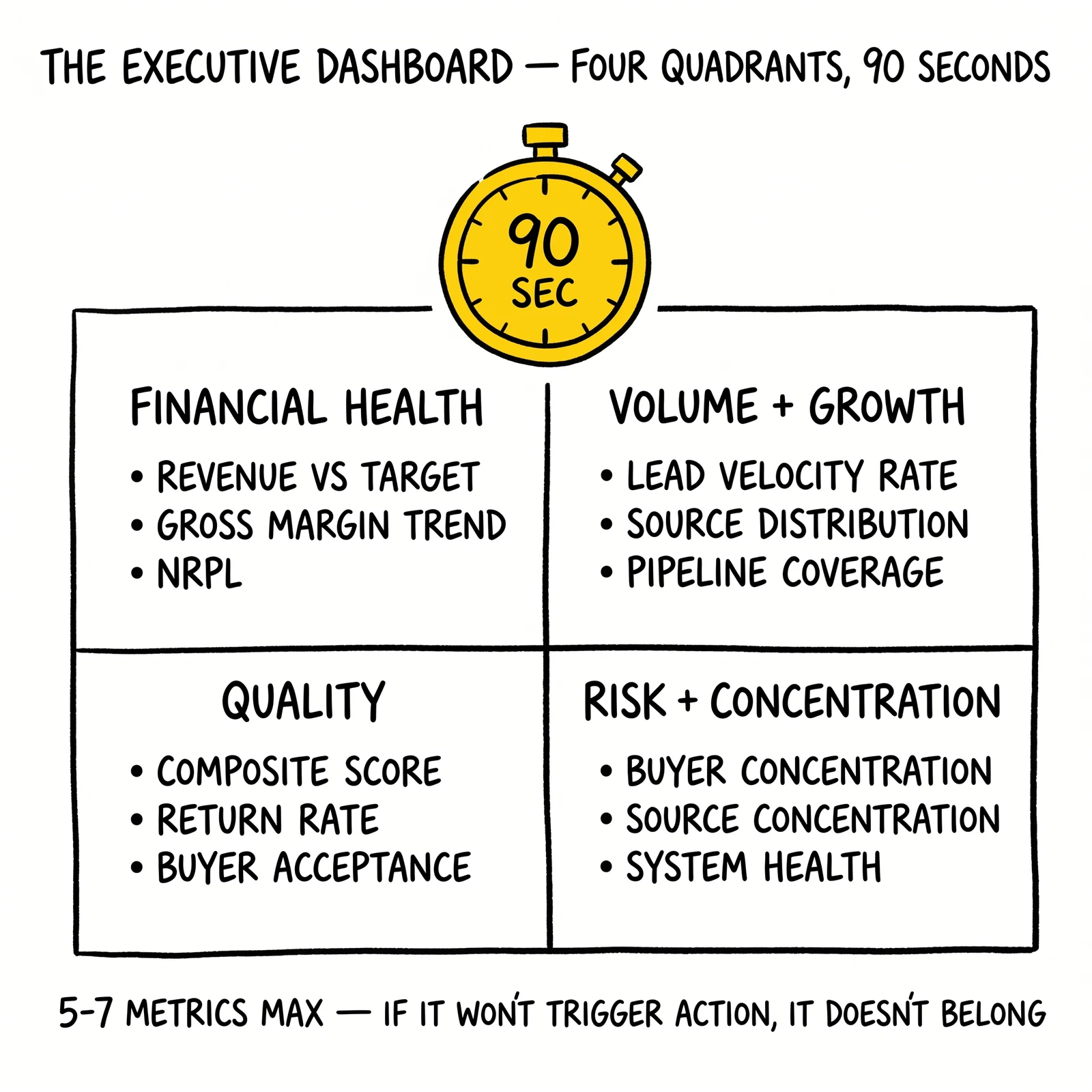 Two-by-two executive dashboard matrix: financial, volume, quality, risk. Ninety-second stopwatch flagged as the constraint that drives selection.