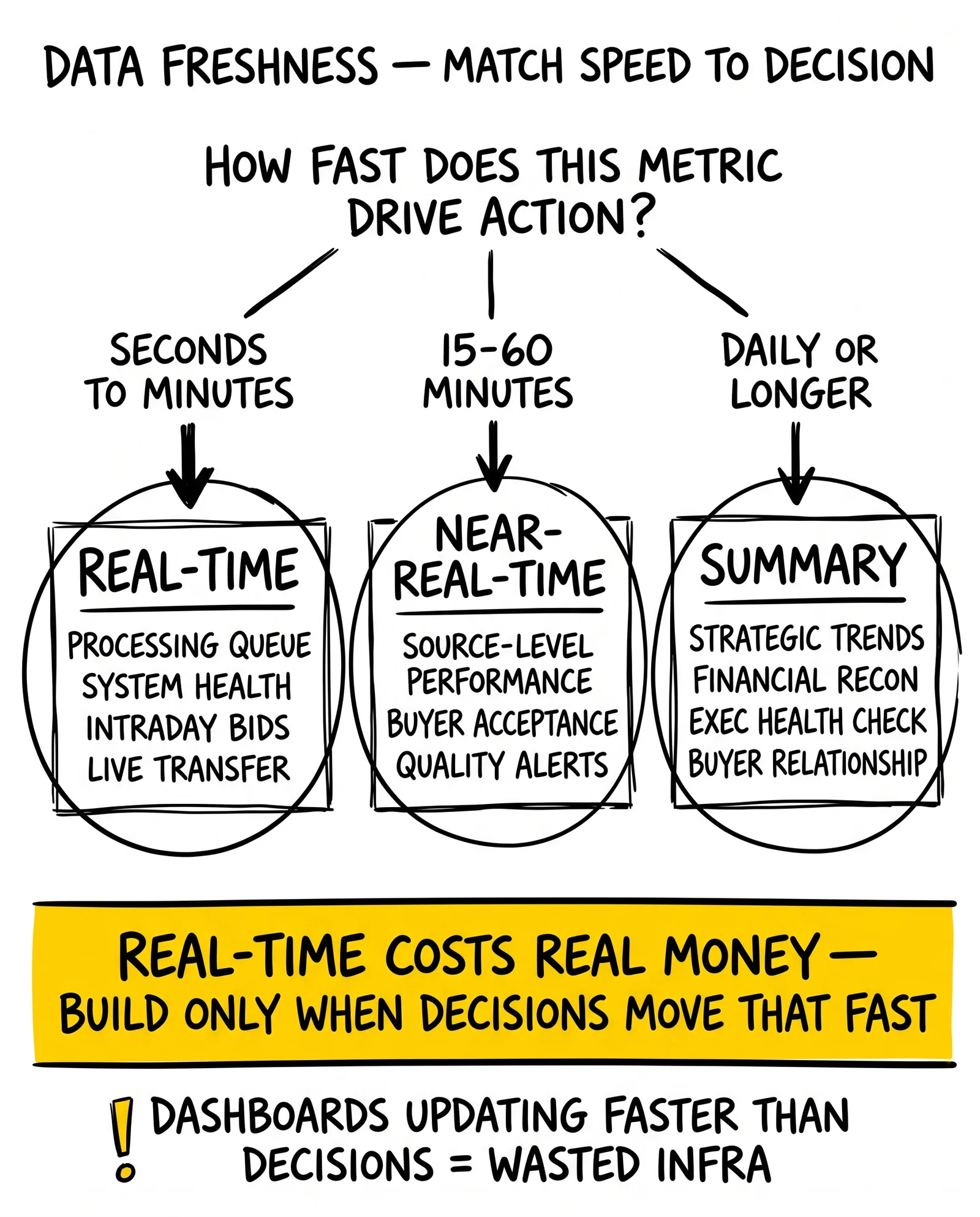 Decision tree routing metrics into real-time, near-real-time, and summary refresh tiers based on decision speed.