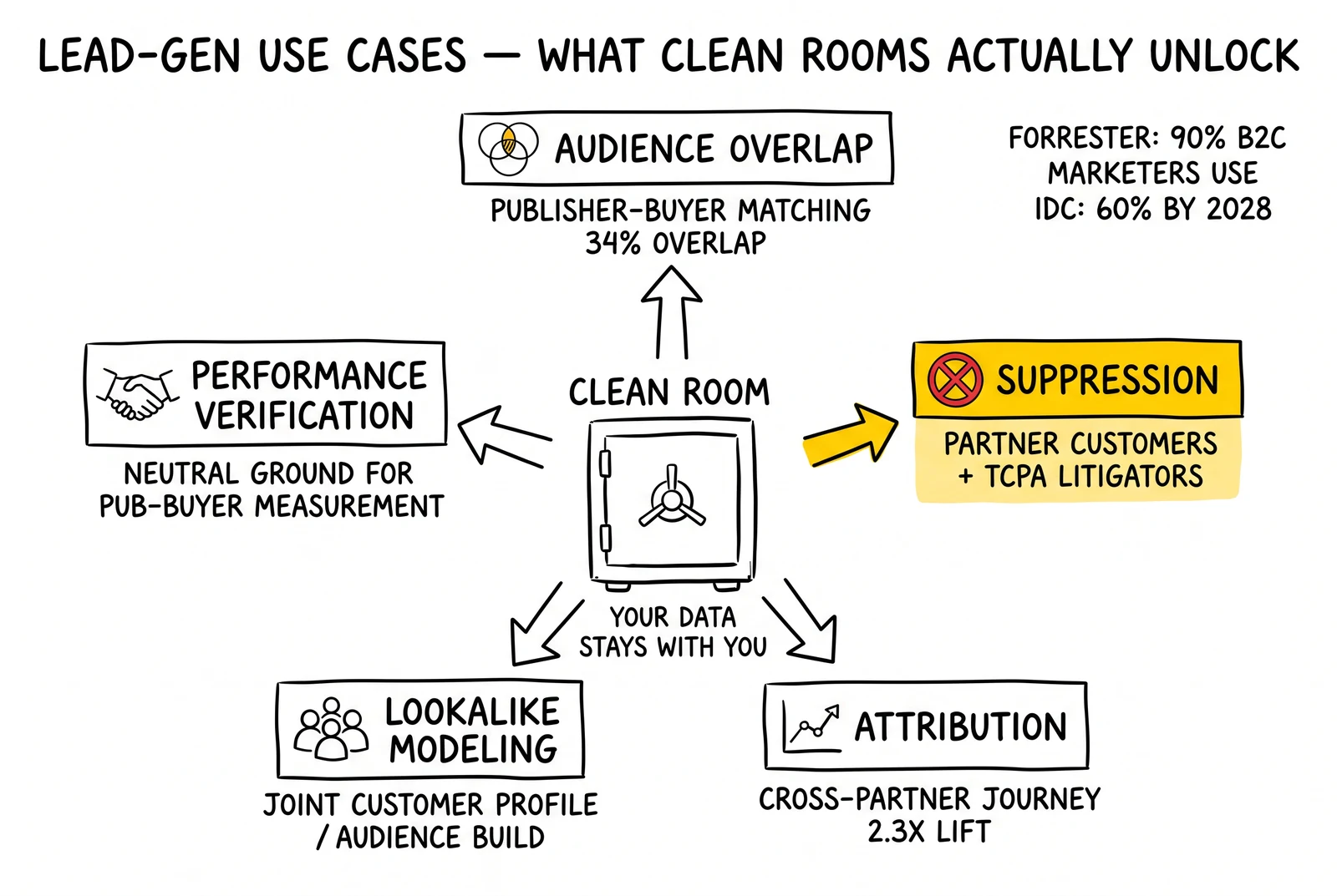 Hub-and-spoke of five clean-room lead-gen use cases. Suppression spoke flagged as the highest-leverage application for lead-gen specifically.