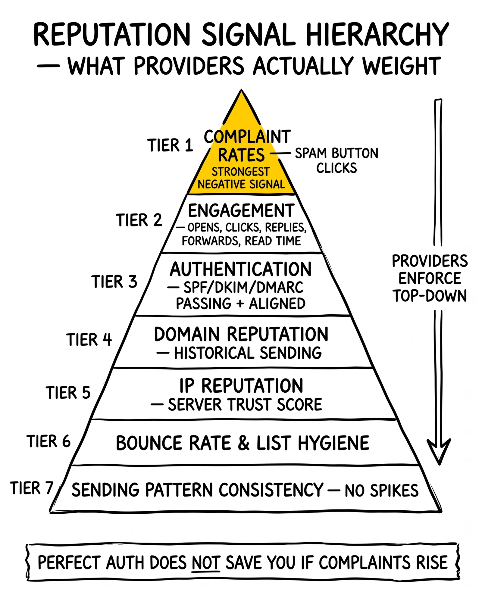 Seven-tier email reputation signal pyramid topped by complaint rates, followed by engagement, authentication, domain, IP, bounces, consistency. Complaint rate highlighted as the dominant signal.
