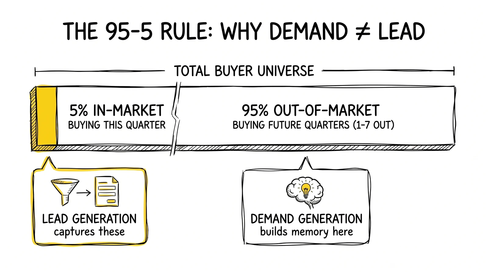 Ehrenberg-Bass 95-5 rule: 5% of buyers are in-market this quarter, 95% are out-of-market across the next 1-7 quarters.