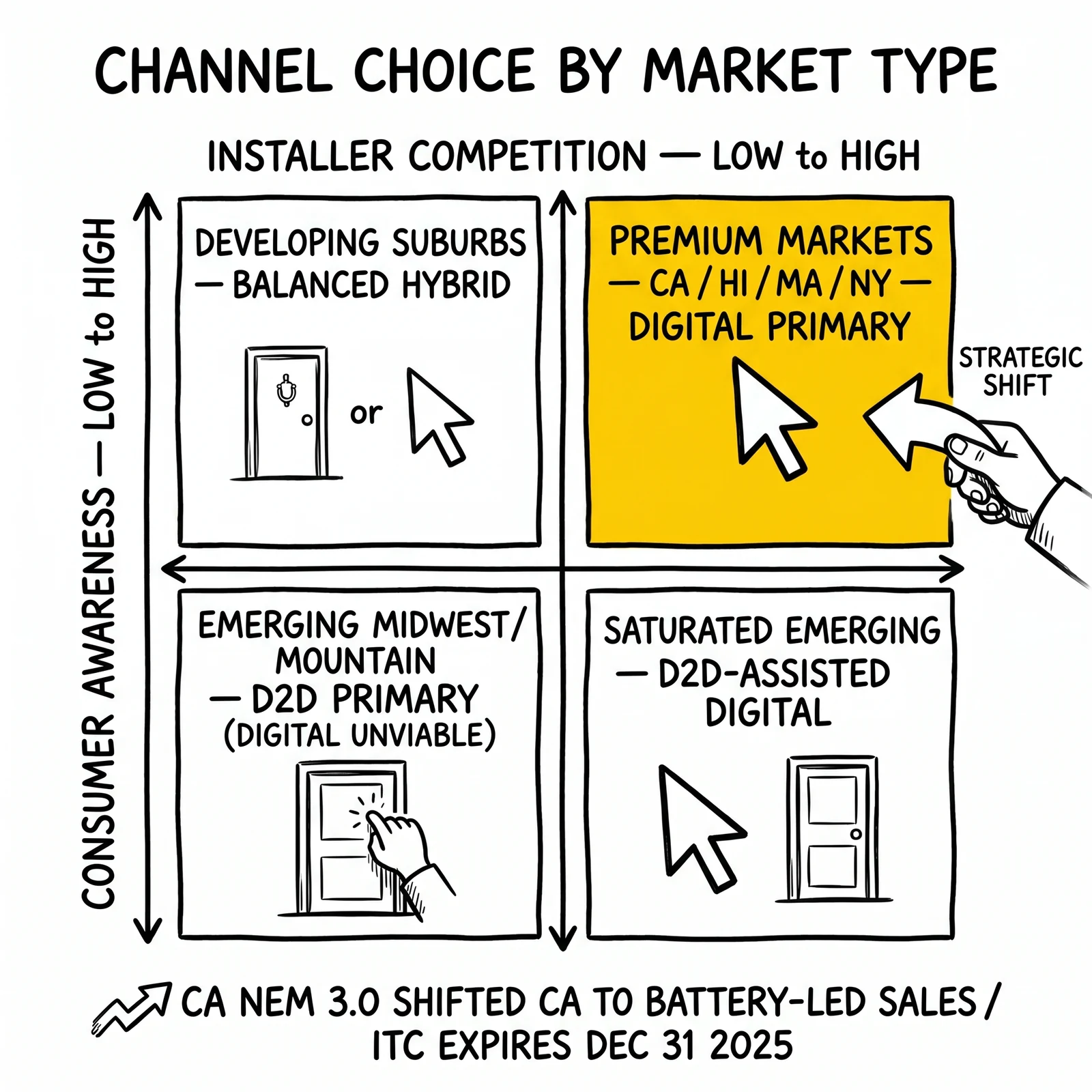 2x2 matrix of solar channel strategy by consumer awareness and installer competition: premium markets favor digital, emerging markets favor D2D