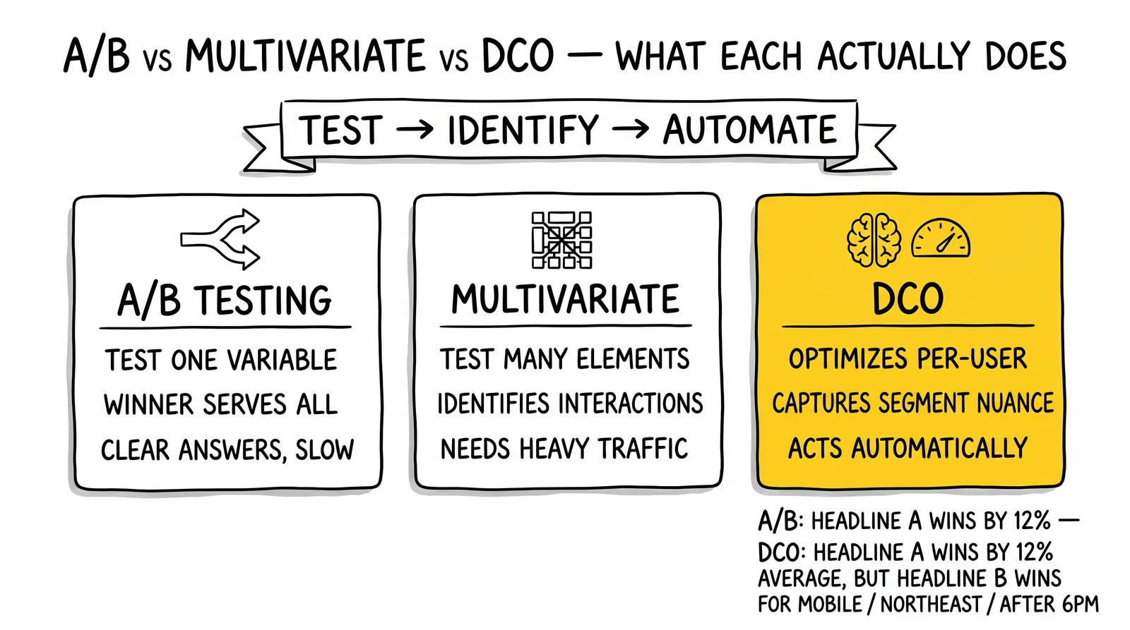 Three optimization methods compared: A/B testing, multivariate, DCO. DCO panel highlighted as the only category that automates per-user decisions.