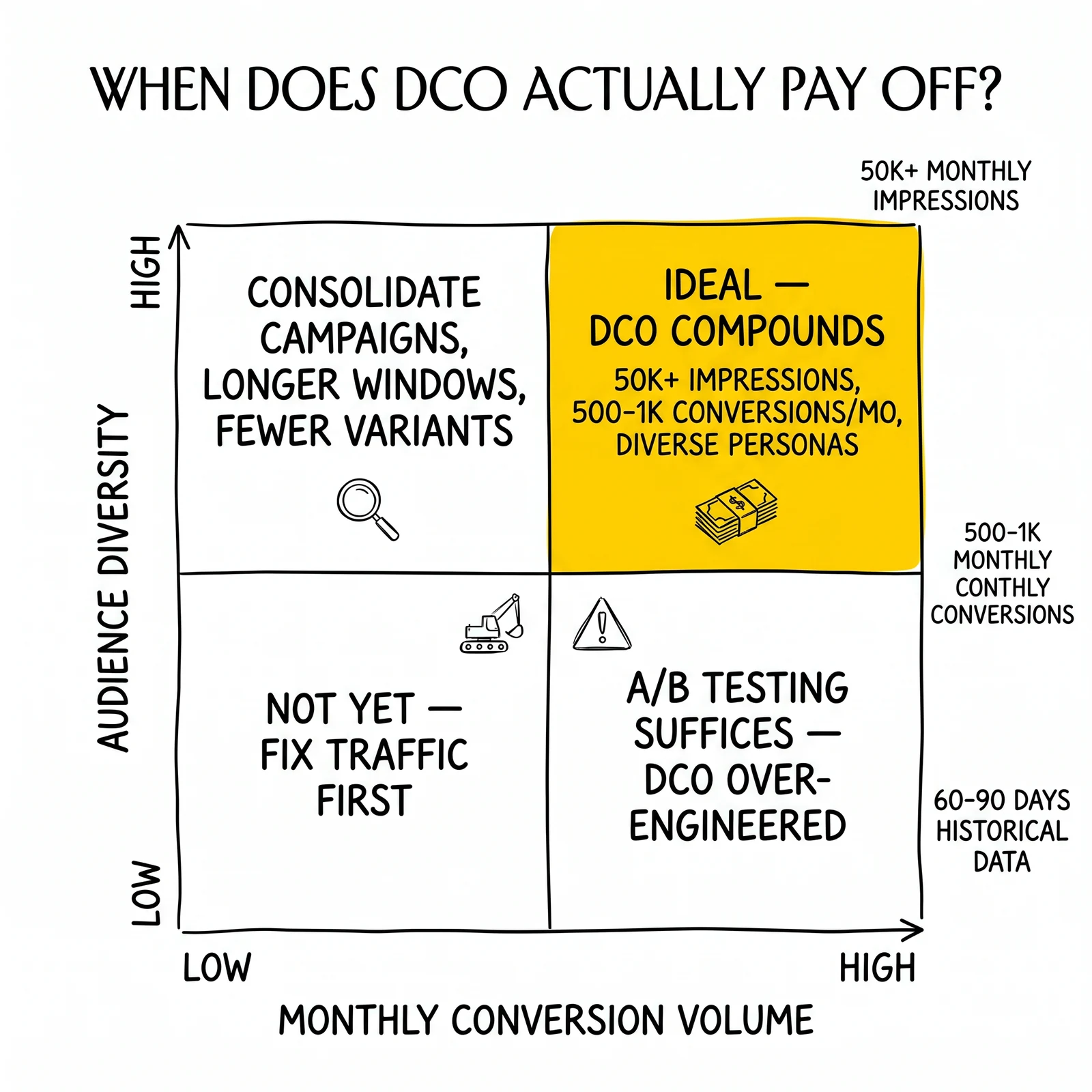 DCO suitability matrix: audience diversity vs conversion volume. High-high quadrant highlighted as the compounding zone with 50K+ impressions and 500+ conversions.