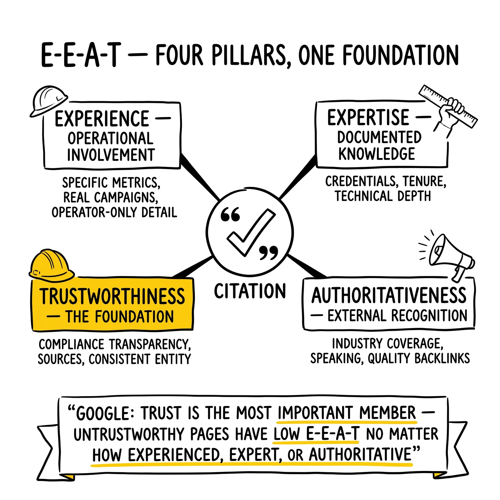 Four-pillar E-E-A-T anatomy around a central citation icon: experience, expertise, authoritativeness, trustworthiness. Trust pillar highlighted as the load-bearing foundation.