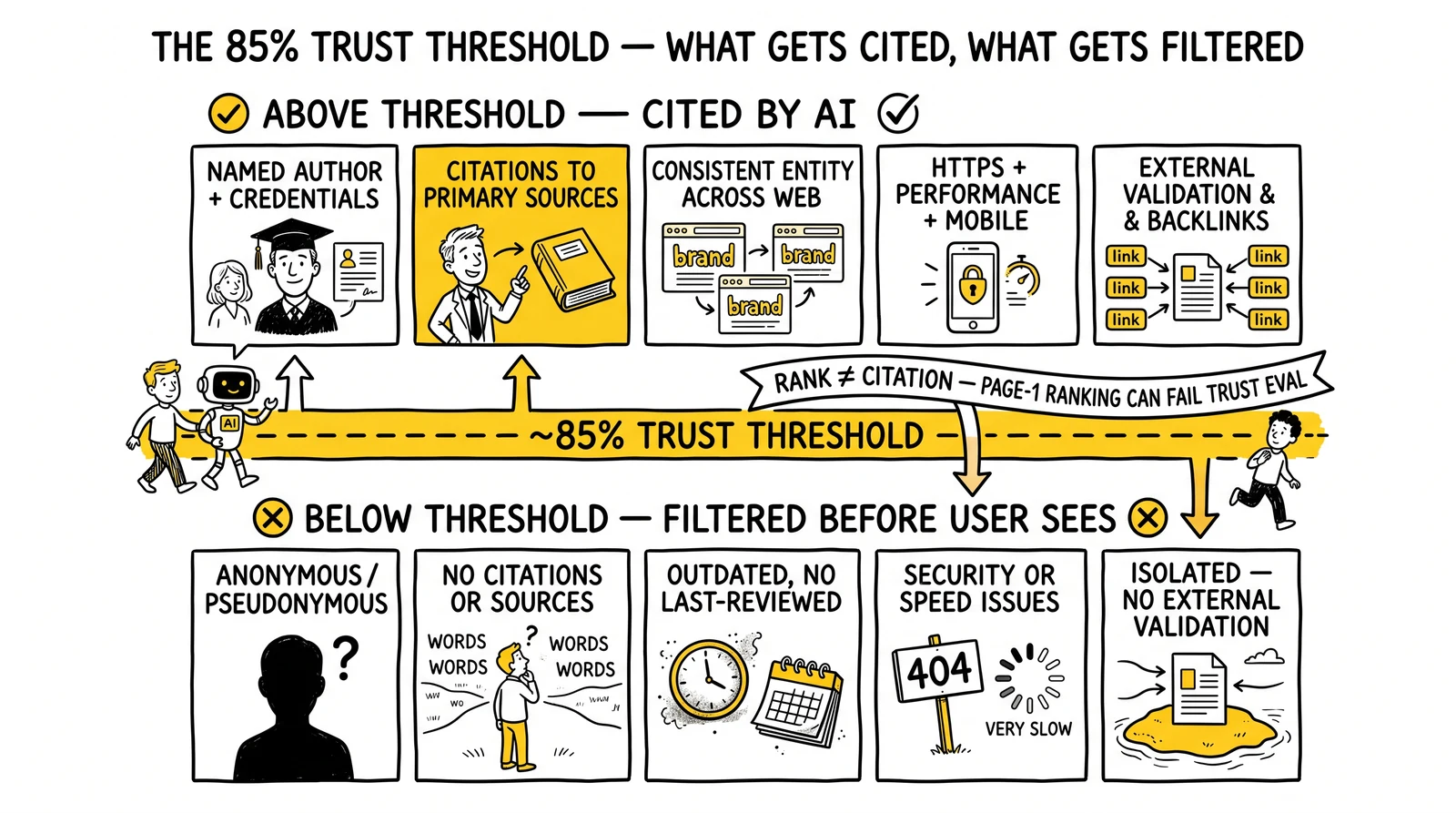 85% trust threshold gate: above gets cited (named author, citations, consistent entity), below gets filtered (anonymous, no sources, outdated). Threshold and primary-source citations highlighted.