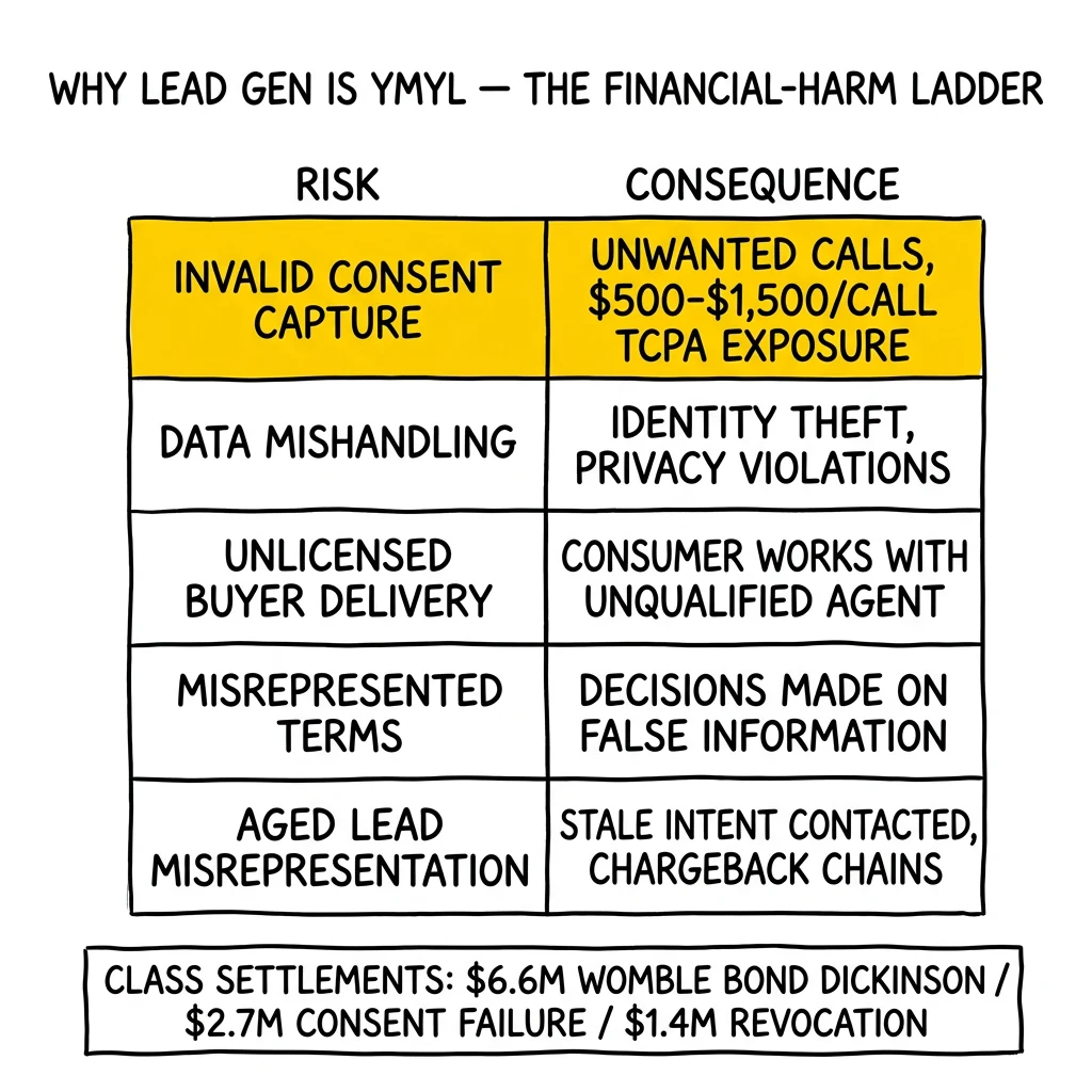 YMYL risk-to-consequence ladder for lead generation: consent, data, licensing, misrepresentation, aged leads. Invalid consent row highlighted with $500-$1,500/call exposure.