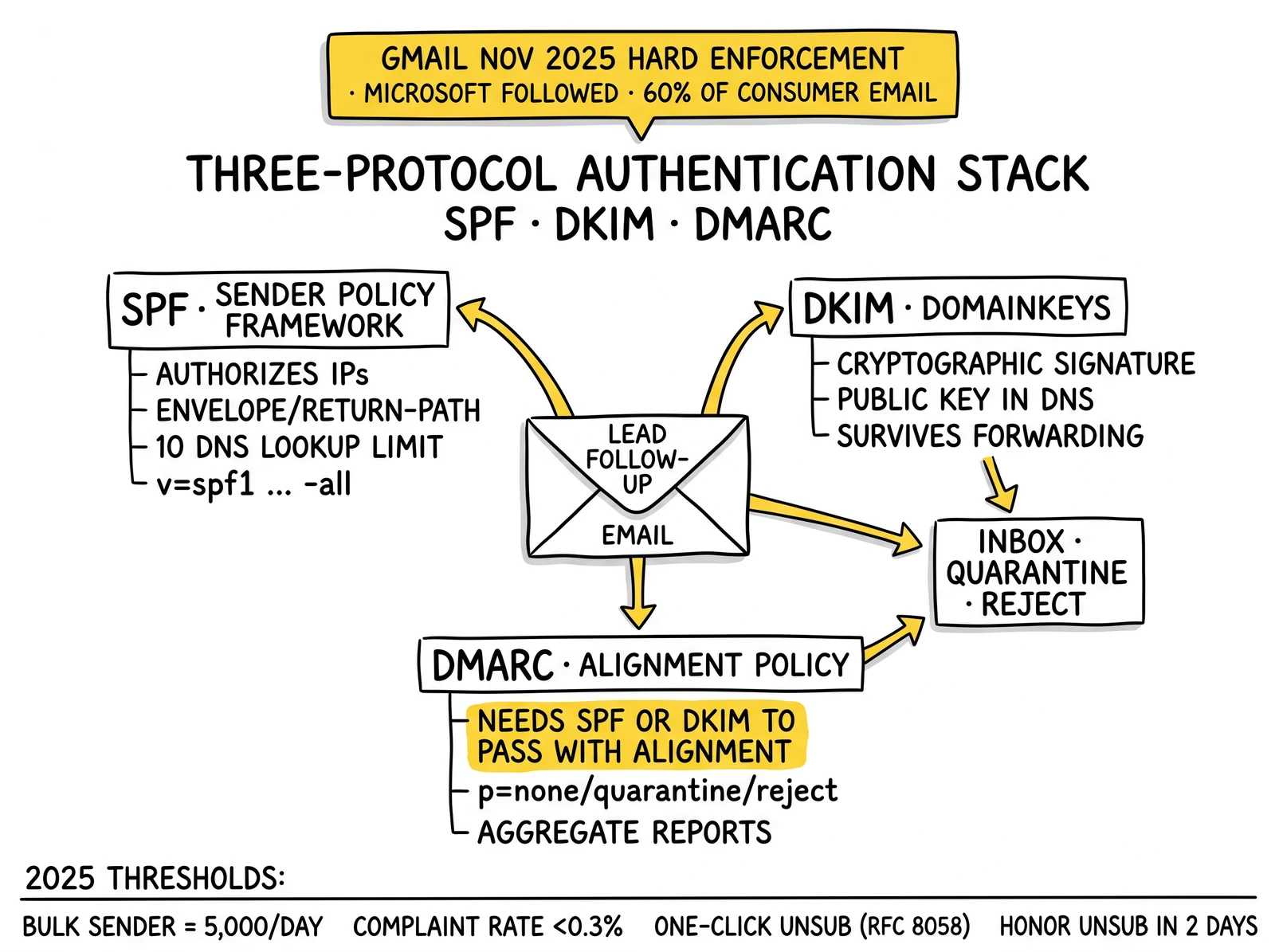 Three-protocol authentication anatomy: SPF, DKIM, DMARC converging on inbox/quarantine/reject – DMARC alignment and Gmail Nov 2025 enforcement highlighted.