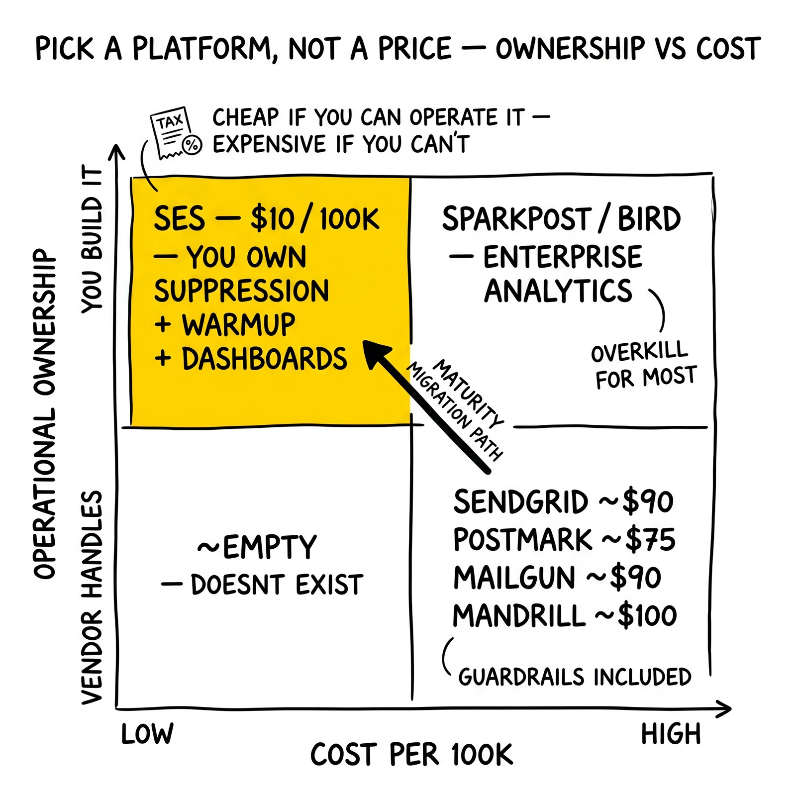 Two-by-two platform matrix mapping cost against operational ownership. SES top-left quadrant flagged as a maturity test, not just a price point.