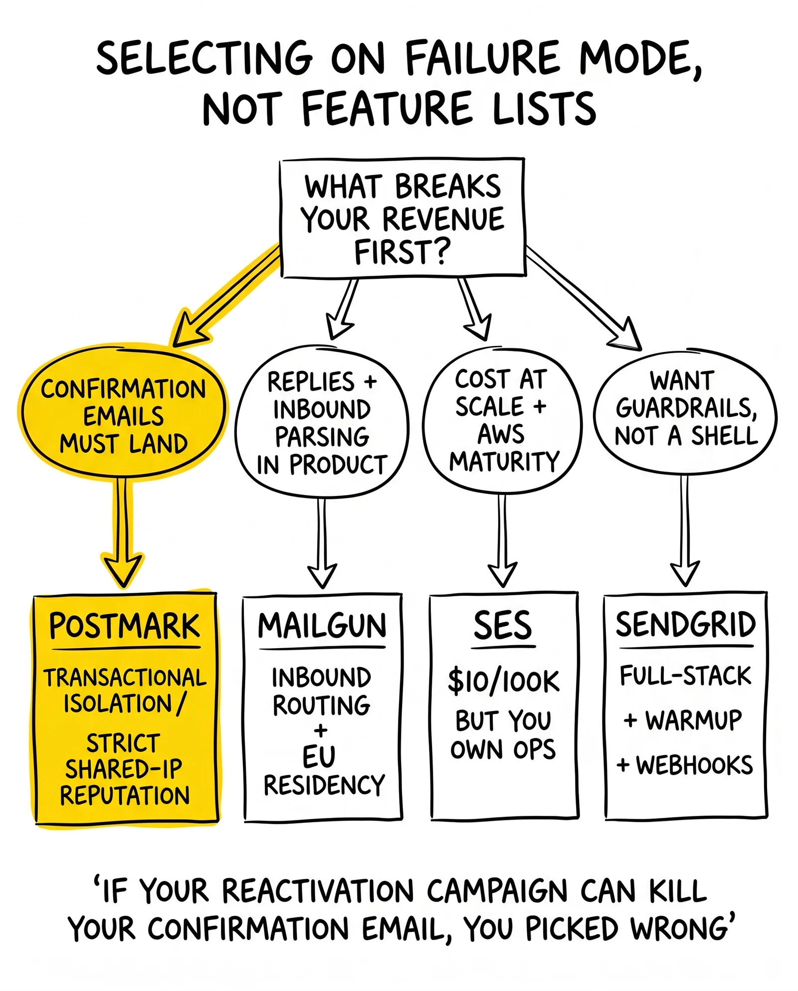 Decision tree routing email platform choice by failure mode: transactional, inbound, cost, or guardrails. Transactional isolation flagged.