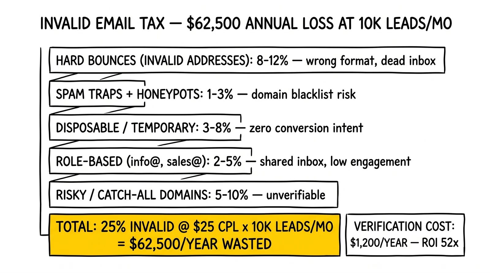 Five-bar invalid email tax waterfall: hard bounces, spam traps, disposable, role-based, catch-all totaling 25% loss. Total $62.5K vs $1.2K cost summary highlighted.
