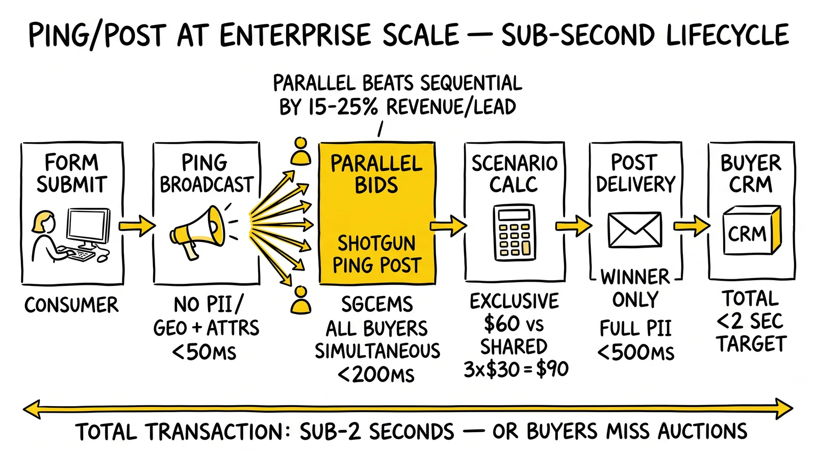 Six-stage ping/post sequence: form, ping, parallel bids, scenario calc, post, CRM. Parallel bid stage highlighted as 15-25% revenue advantage.