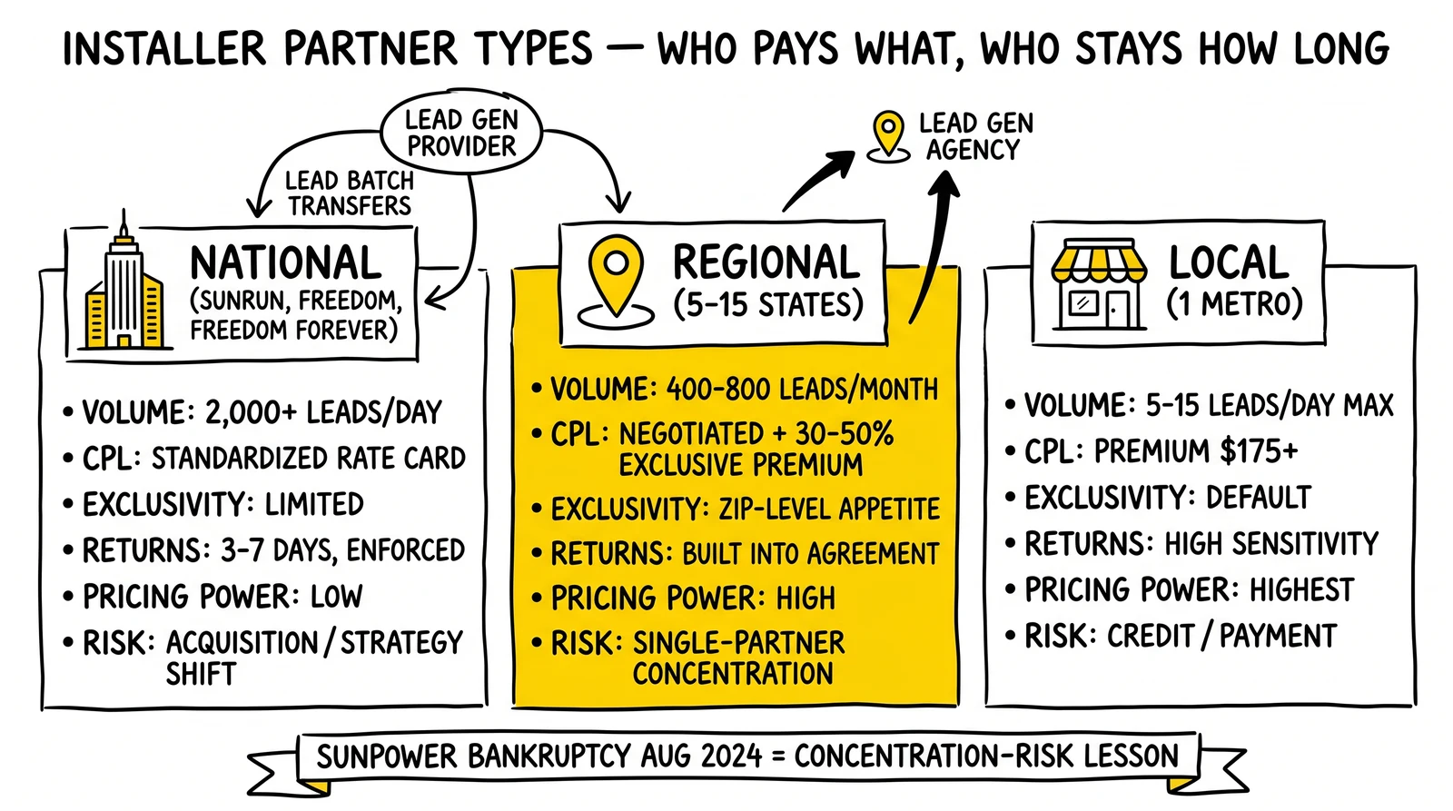 Three-column comparison of installer partner types: national, regional, and local solar installers with volume, CPL, exclusivity, and risk profiles