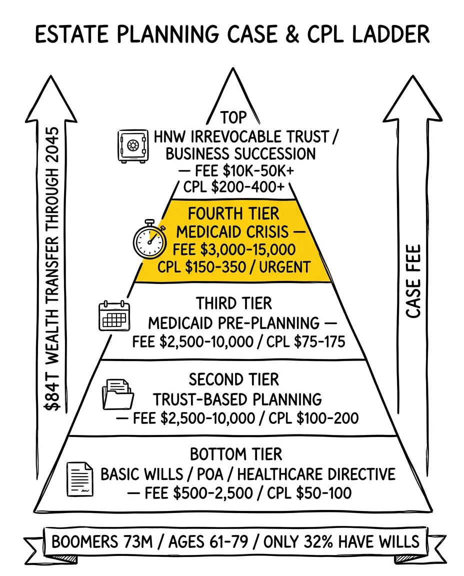 Five-tier estate planning case and CPL pyramid: basic wills, trust-based, Medicaid pre-planning, Medicaid crisis, and high-net-worth advanced planning