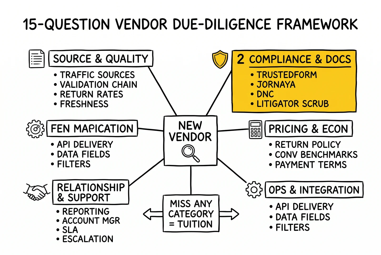 Five-category vendor due diligence hub-and-spoke: source, compliance, pricing, operations, relationship. Compliance and documentation category highlighted.