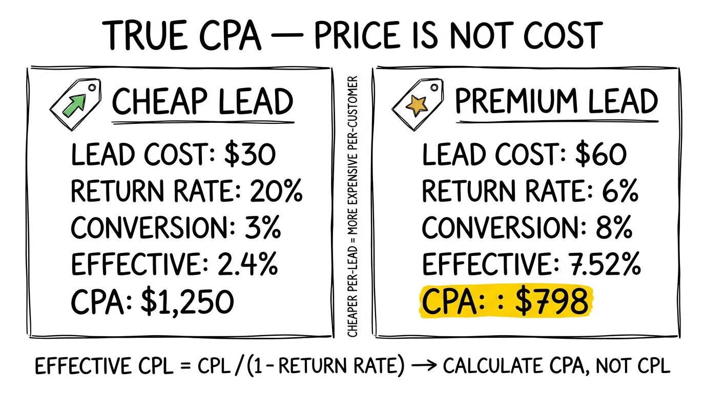 Two-panel CPA comparison: $30 lead at $1,250 CPA versus $60 lead at $798 CPA. Premium lead CPA highlighted as the lower-cost option.