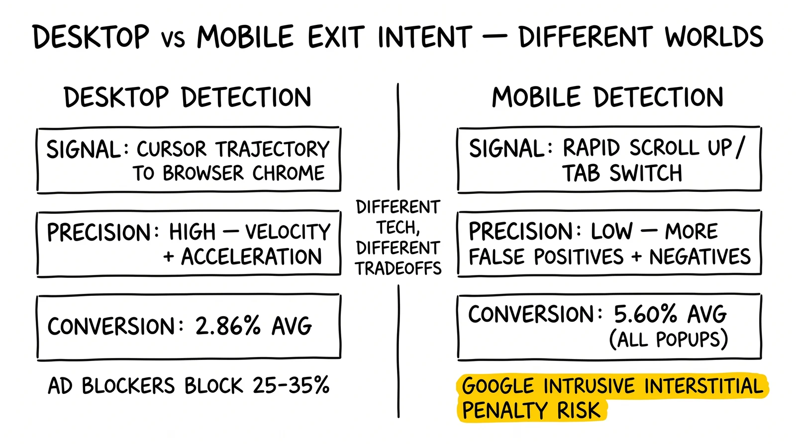Two-panel desktop vs mobile exit intent: desktop cursor tracking 2.86%, mobile scroll signals 5.60%. Mobile Google penalty risk highlighted as hidden cost.