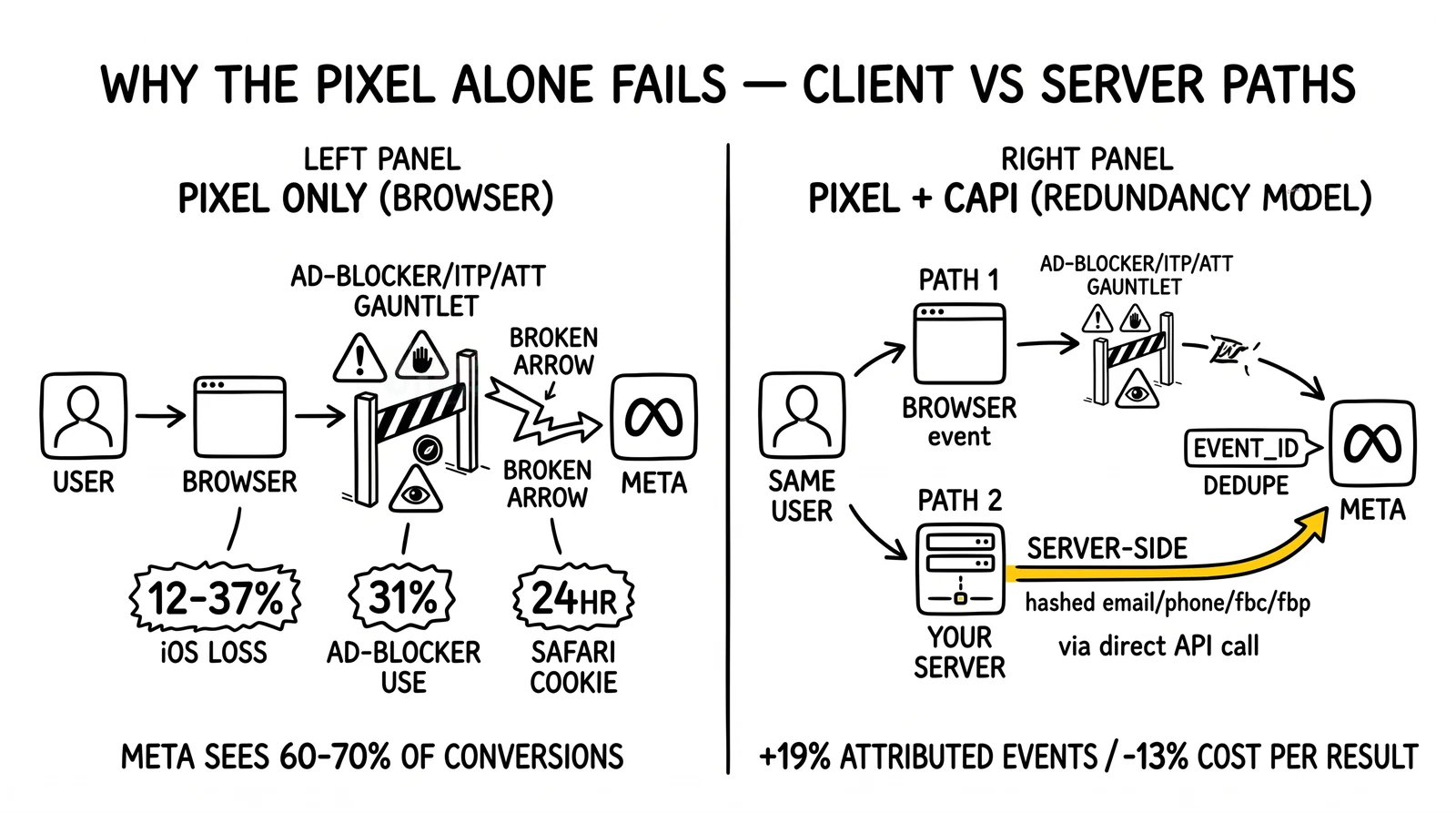 Pixel-only versus Pixel-plus-CAPI redundancy comparison. Server-side CAPI path highlighted as the channel that bypasses browser restrictions.