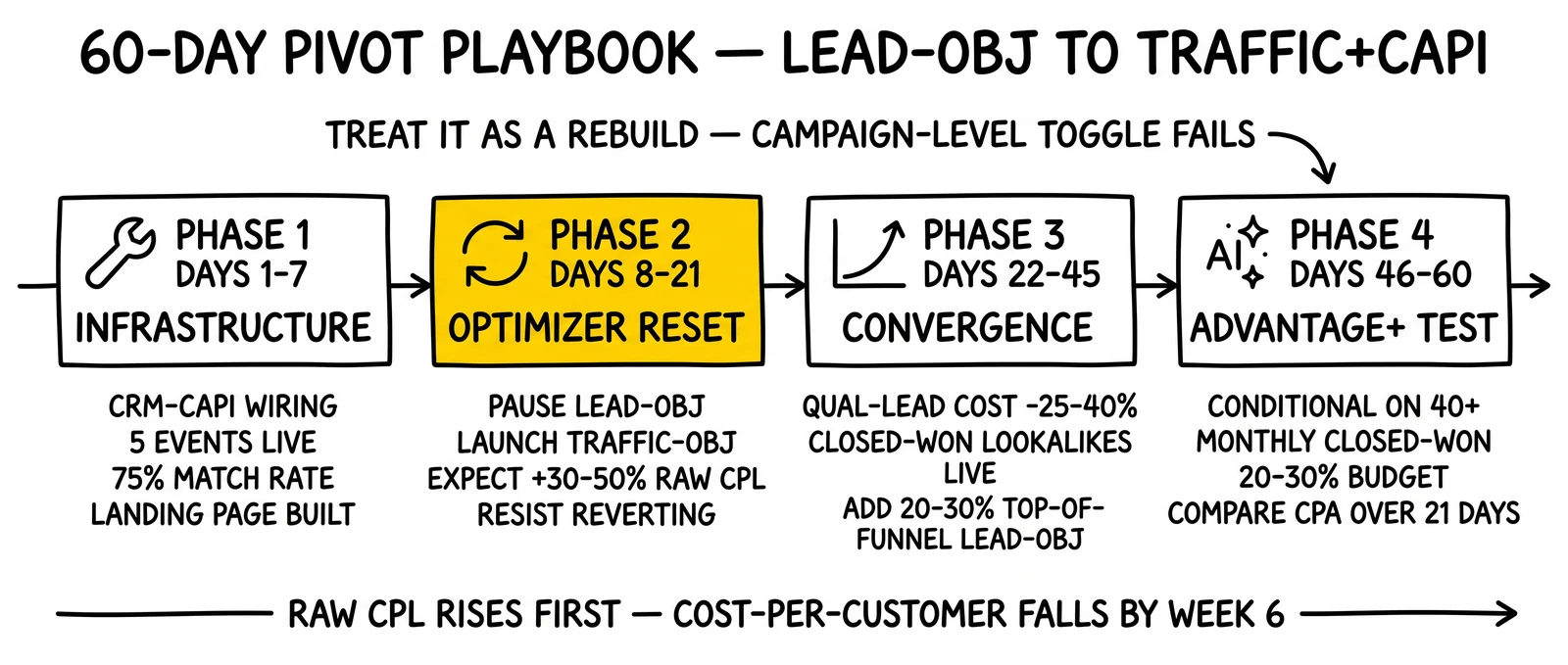 Four-phase 60-day Meta CRM-CAPI pivot timeline: infrastructure, optimizer reset, convergence, Advantage+ test. Optimizer reset phase highlighted as the failure window.