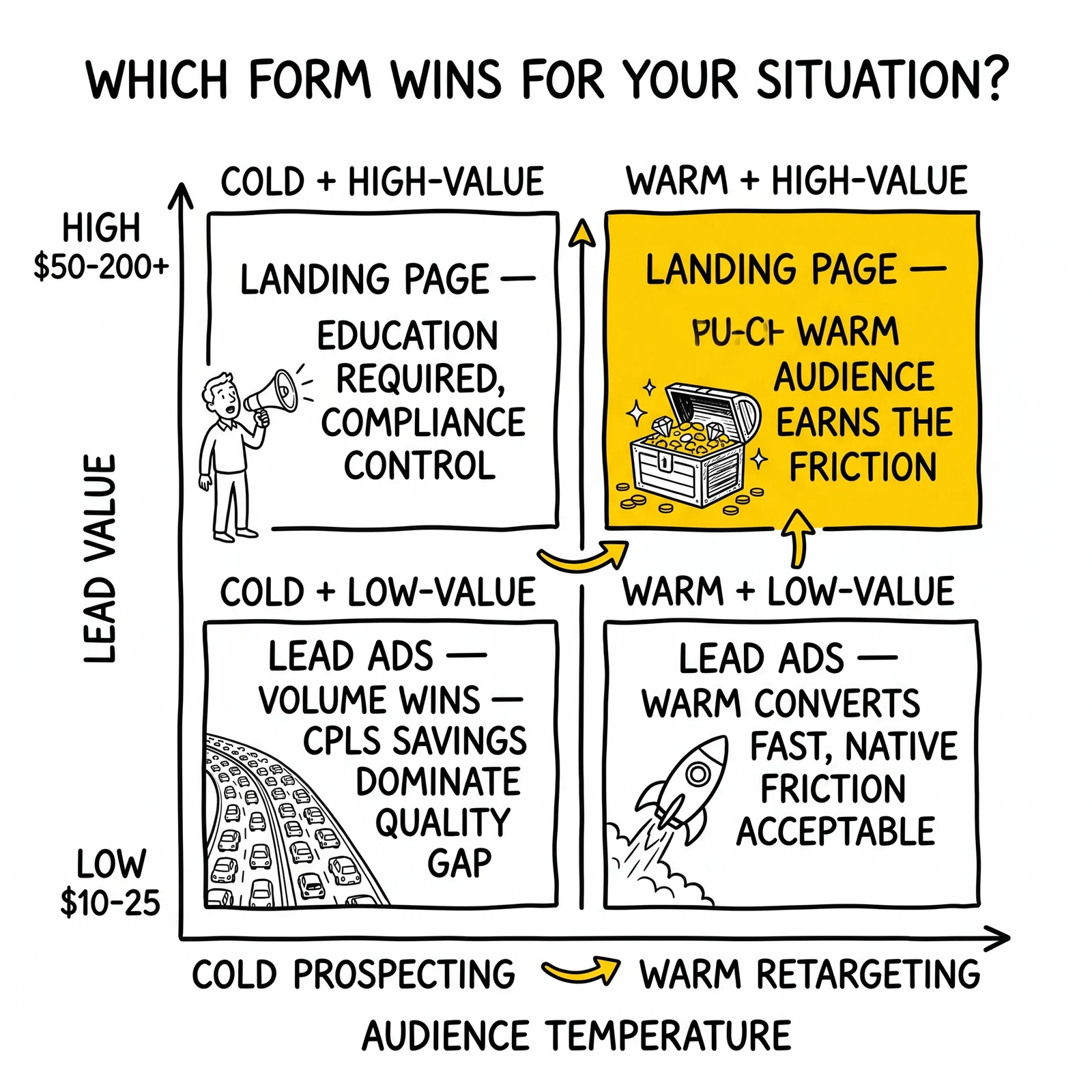 Two-by-two matrix by audience temperature and lead value, choosing between Lead Ads and landing pages. Warm + high-value landing page quadrant highlighted.