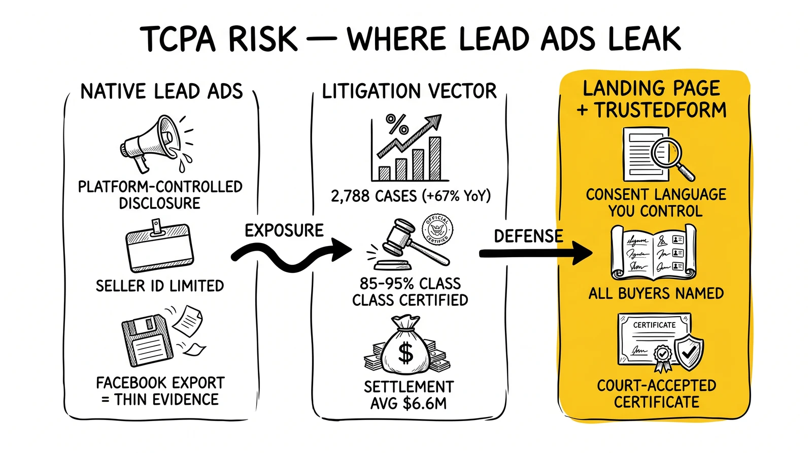Three-zone TCPA risk diagram: Lead Ads platform limits, litigation vector with 2,788 cases, landing page TrustedForm defense. Defense zone highlighted.