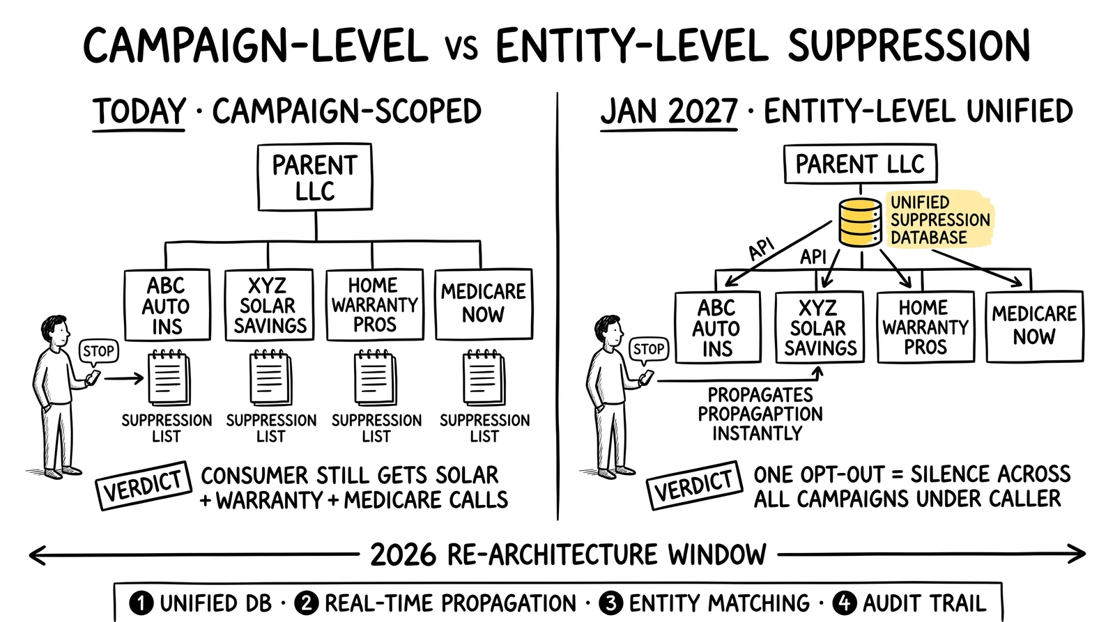 Campaign-scoped vs entity-level suppression comparison: STOP opt-out reaches one list today vs all campaigns under unified database in 2027 – unified DB highlighted.
