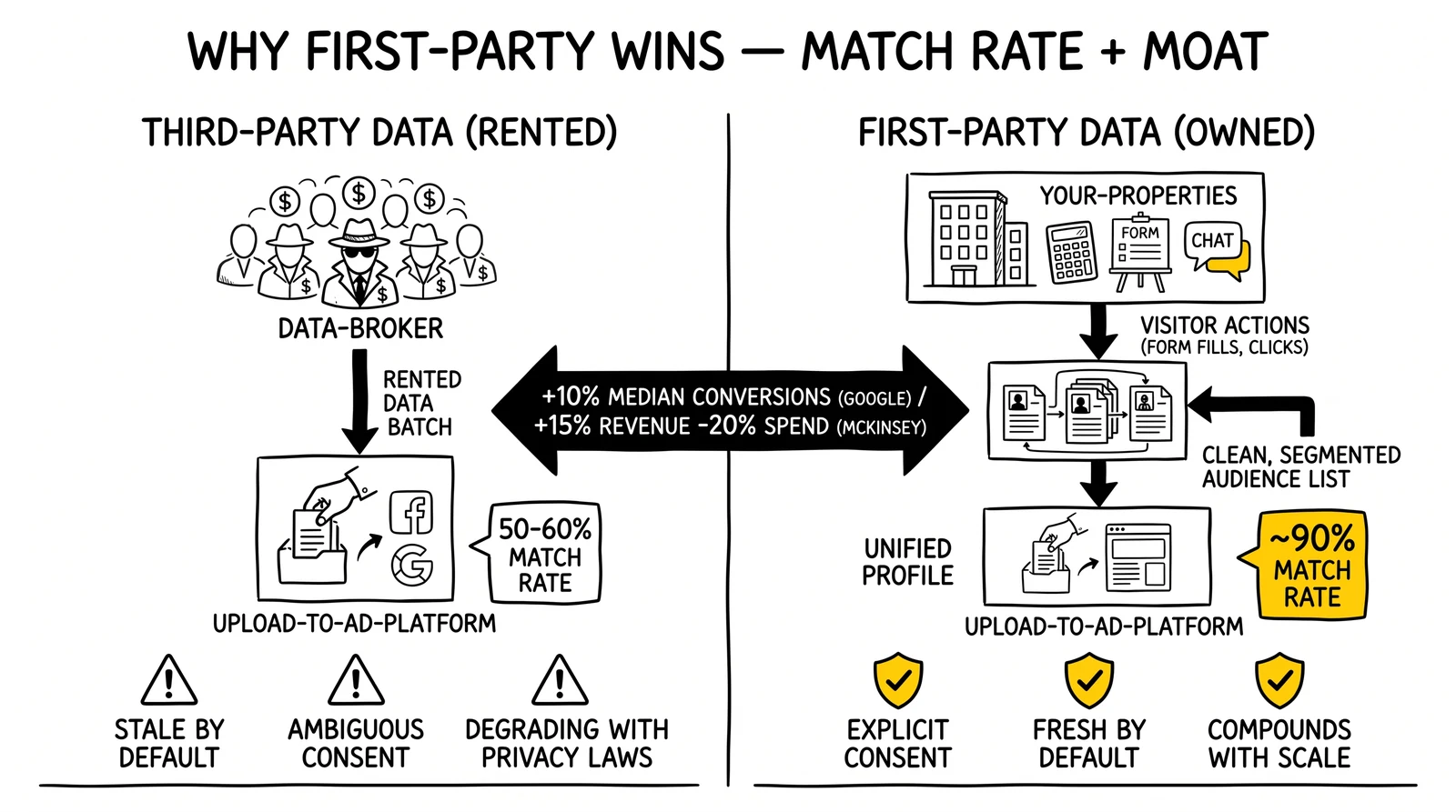 Two-panel comparison of third-party versus first-party data. Ninety-percent first-party match rate flagged as the central advantage.
